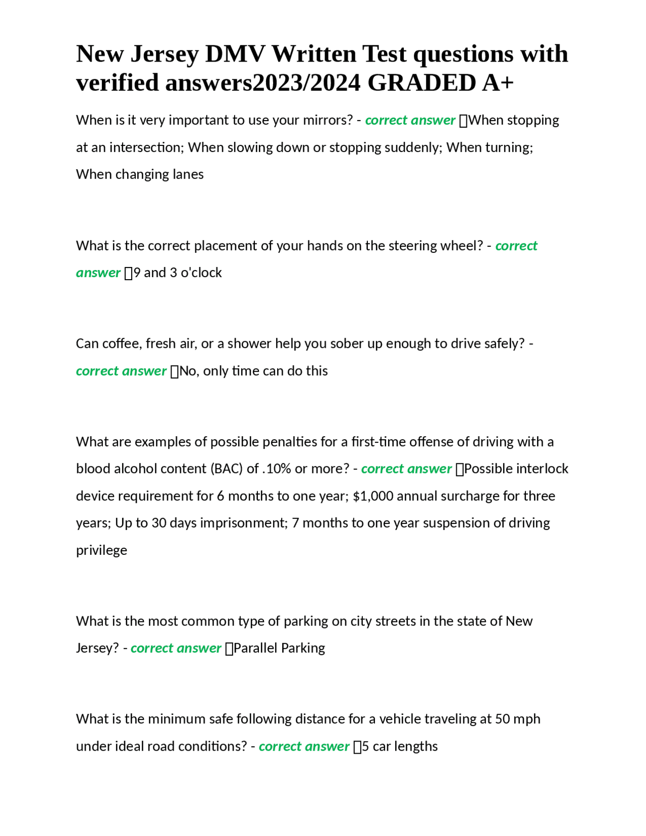 New Jersey DMV Written Test questions with verified answers2023/2024