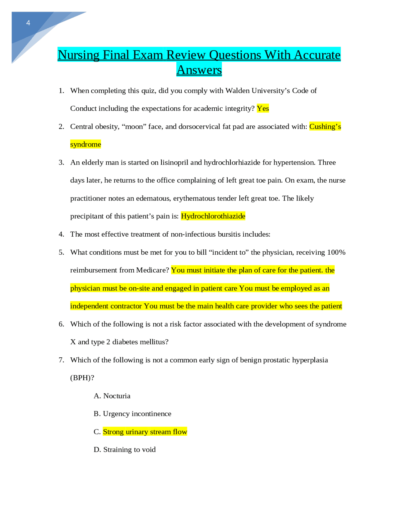 Nursing Final Exam Review Questions With Accurate Answers Exams