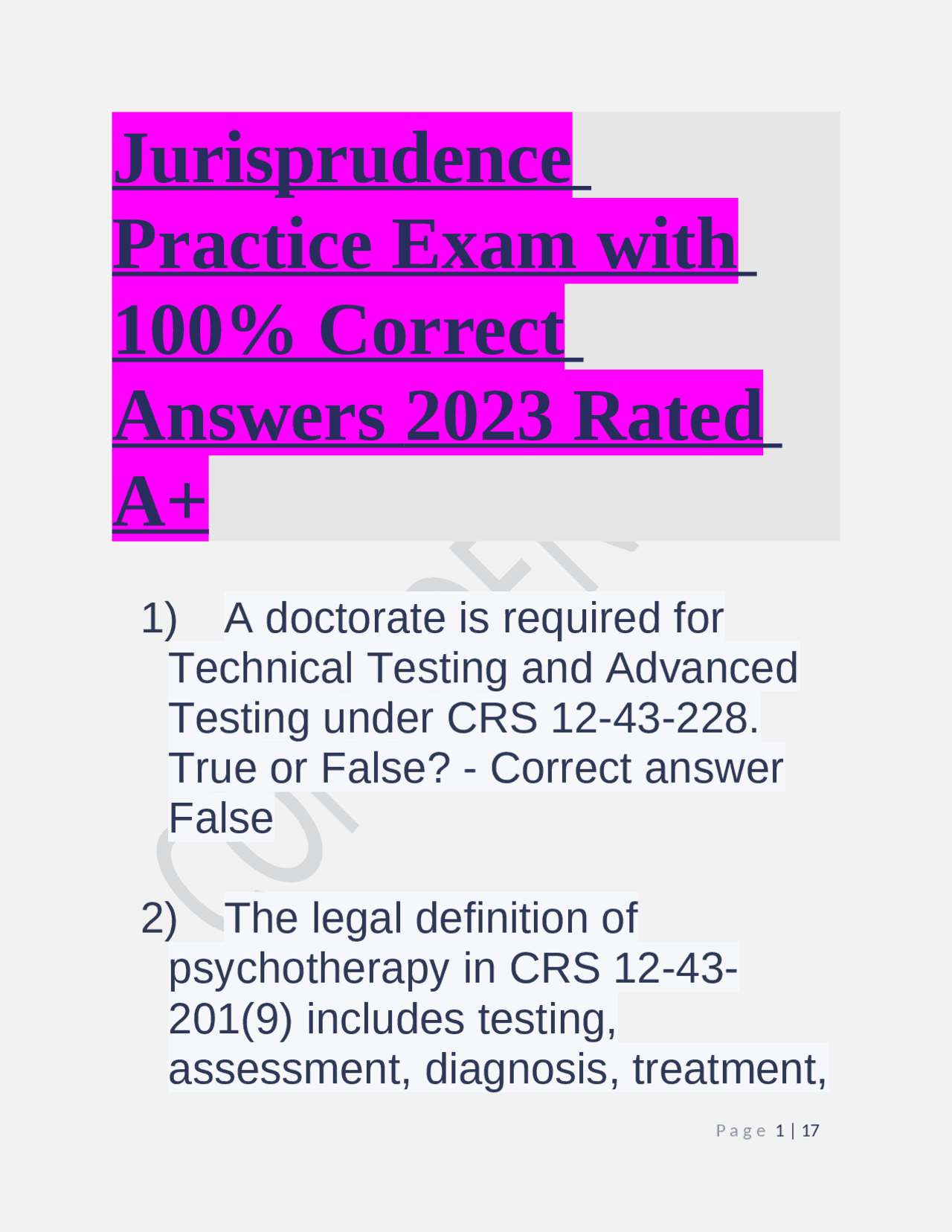 Jurisprudence Practice Exam with 100% Correct Answers 2023 Rated A+ ...