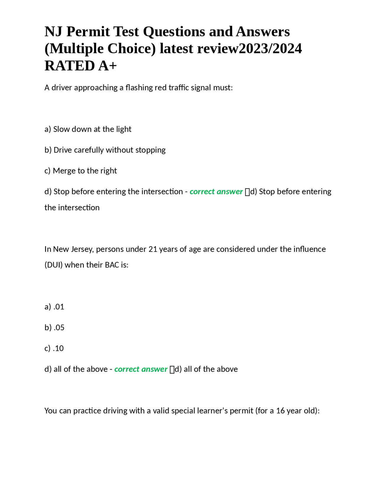 NJ Permit Test Questions and Answers | Exams Nursing | Docsity