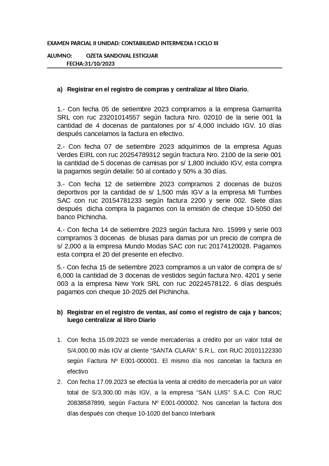 Examen Parcial II Unidad: Contabilidad Intermedia I - Prof. Pari Mamani ...