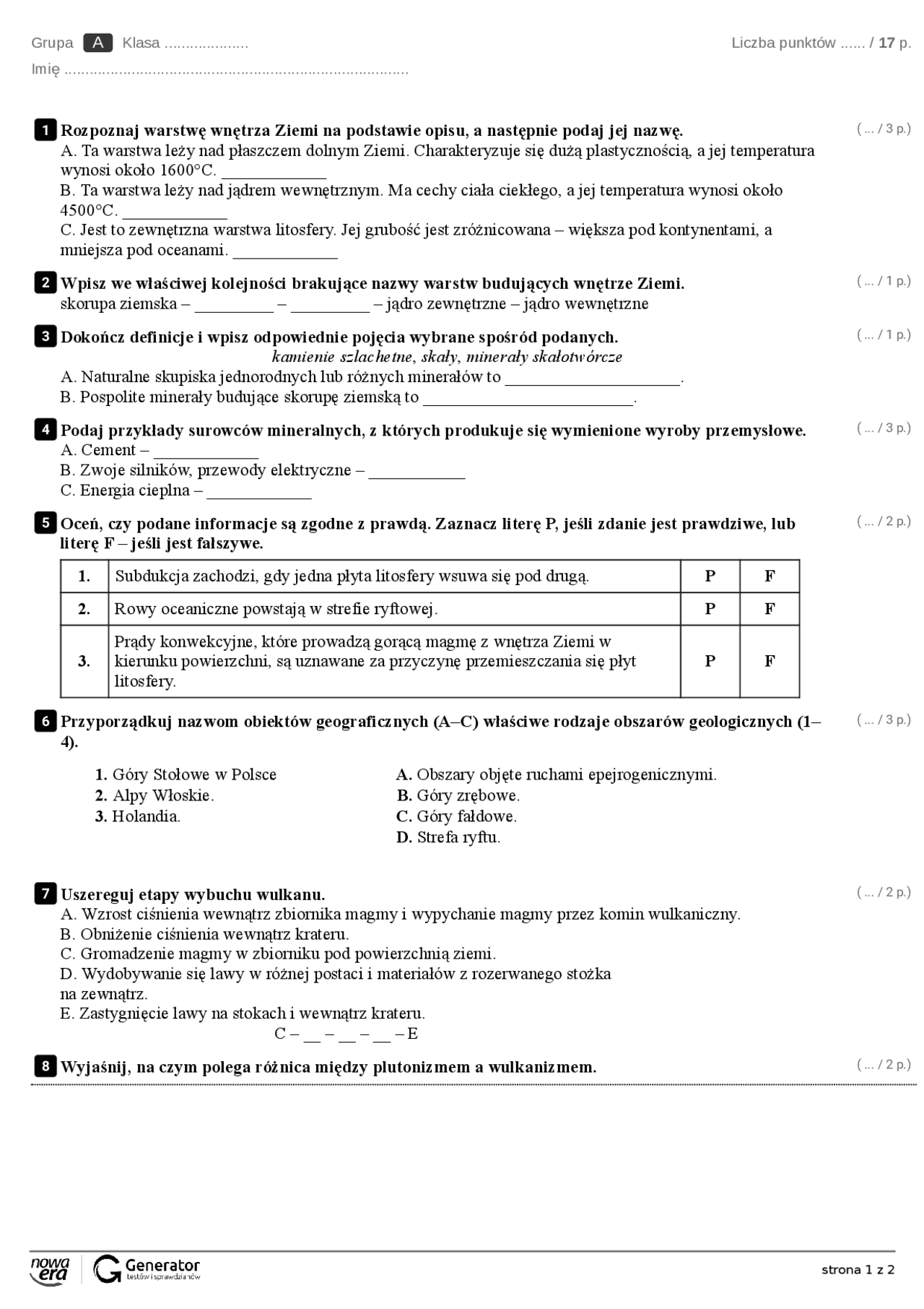 Sprawdzian Geografia Klasa 1 Liceum Atmosfera Nowa Era