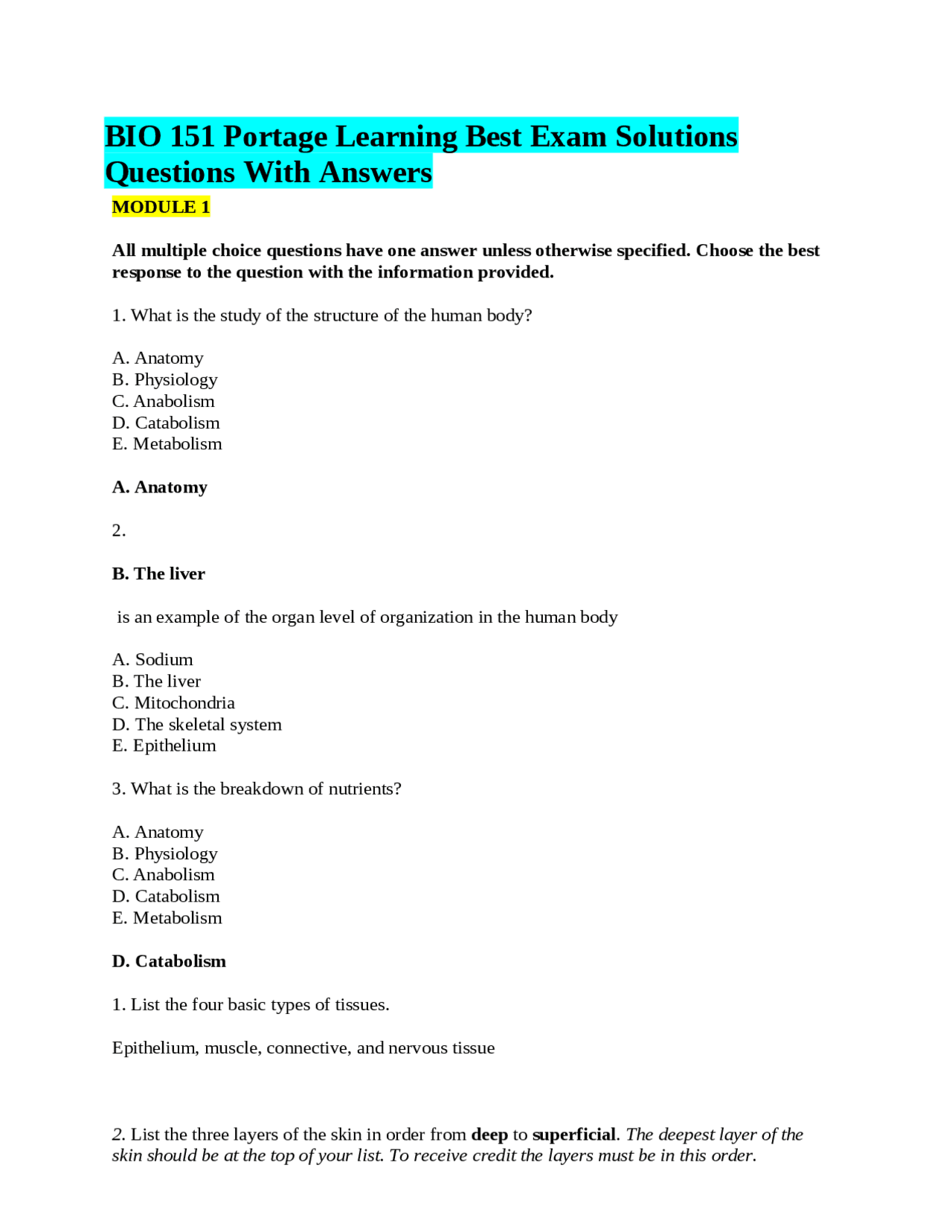 BIO 151 Portage Learning Best Exam Solutions Questions With Answers ...