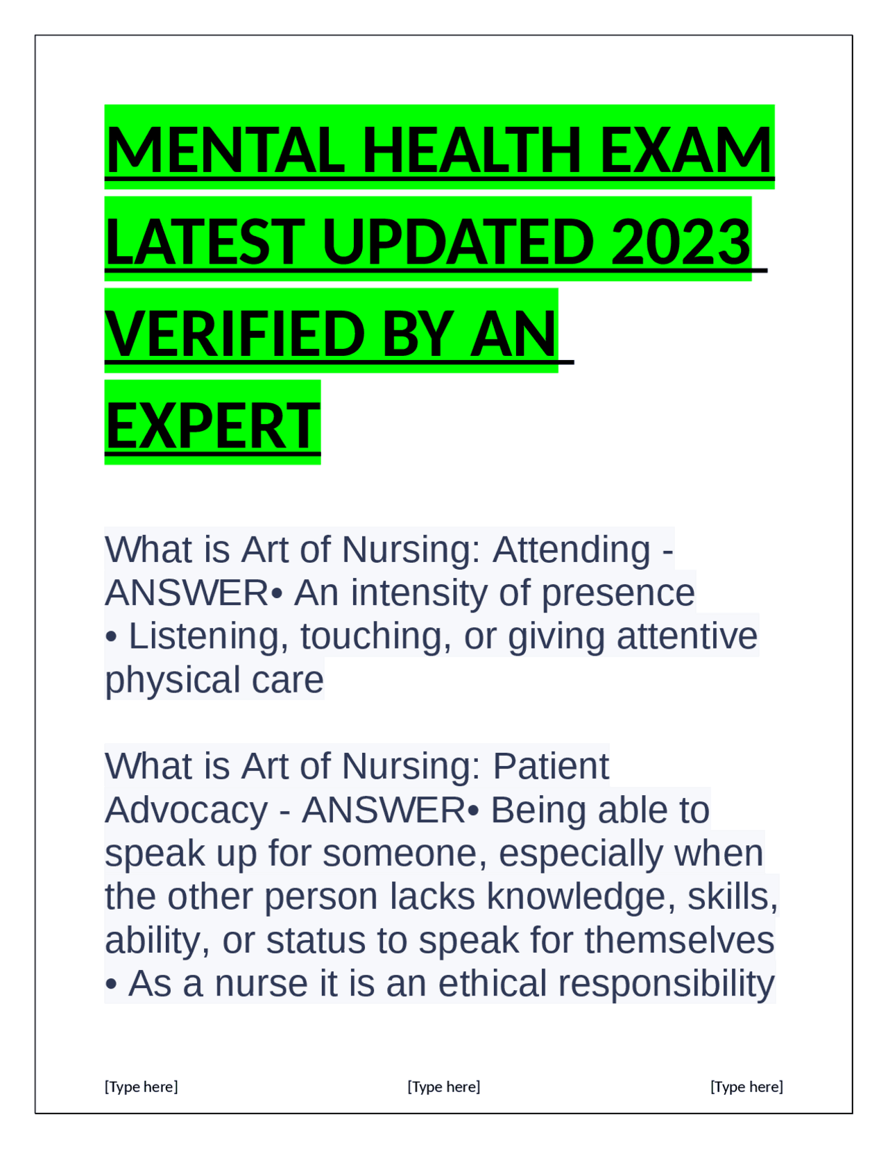 MENTAL HEALTH EXAM LATEST UPDATED 2023 VERIFIED BY AN EXPERT Exams