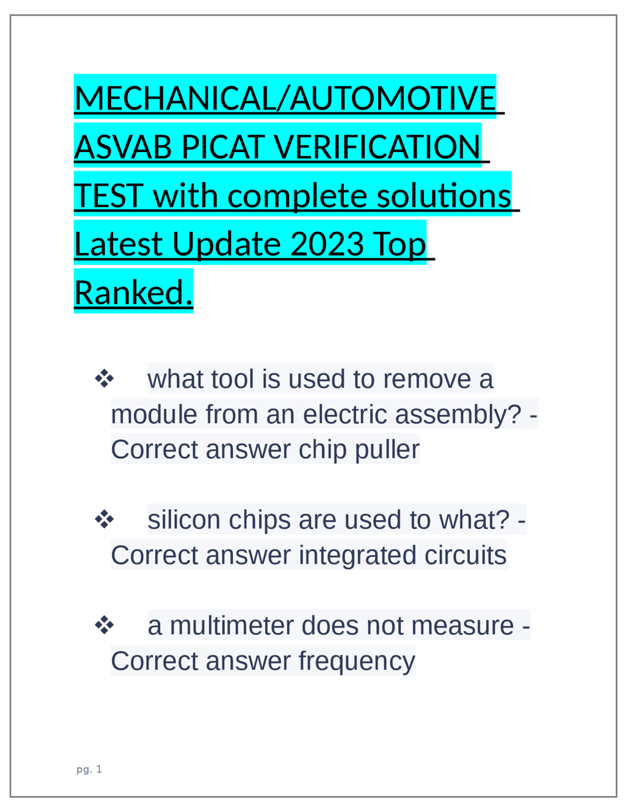 MECHANICAL/AUTOMOTIVE ASVAB PICAT VERIFICATION TEST with complete