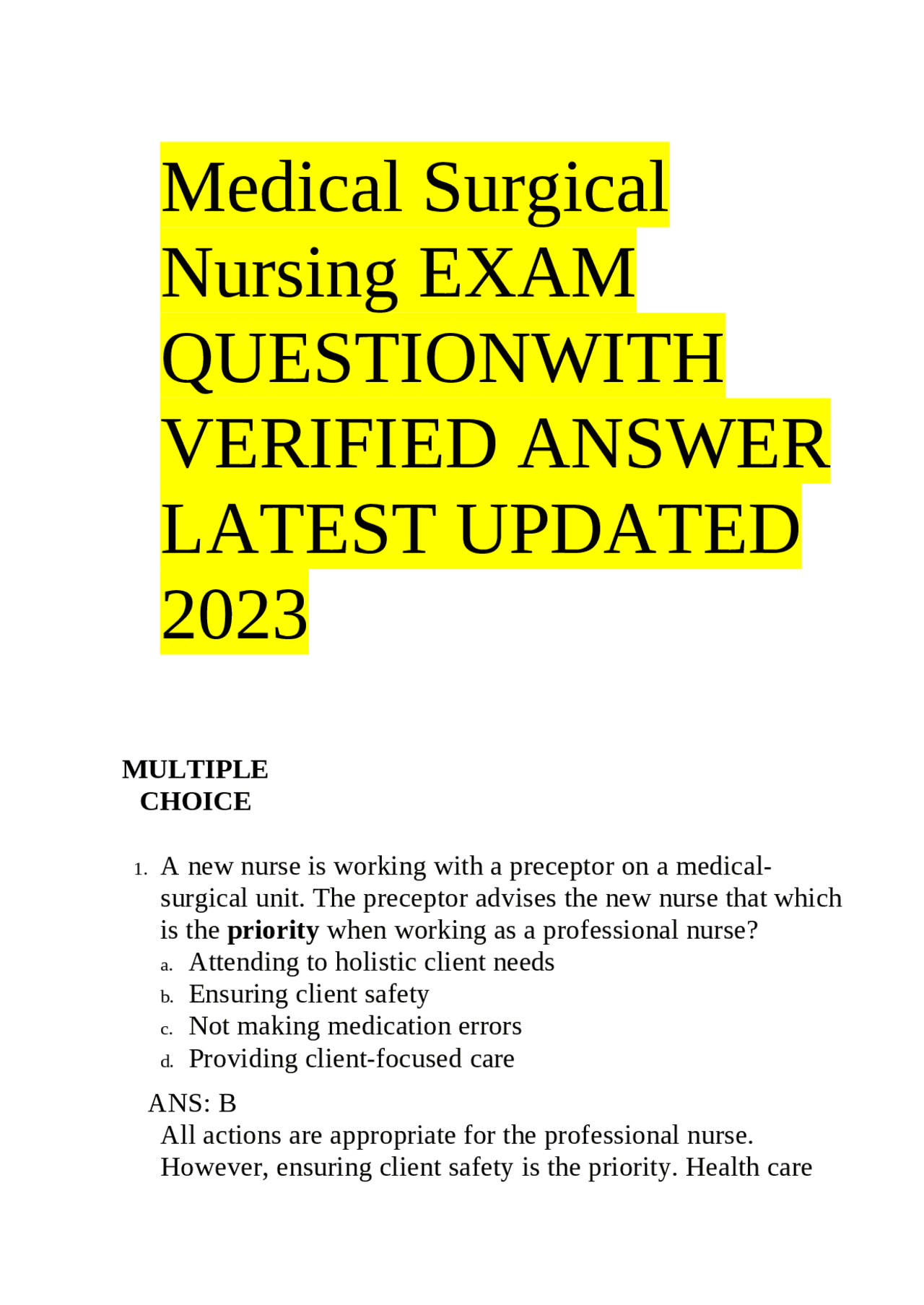 Medical Surgical Nursing Exam Questions and Answers | Exams Nursing ...