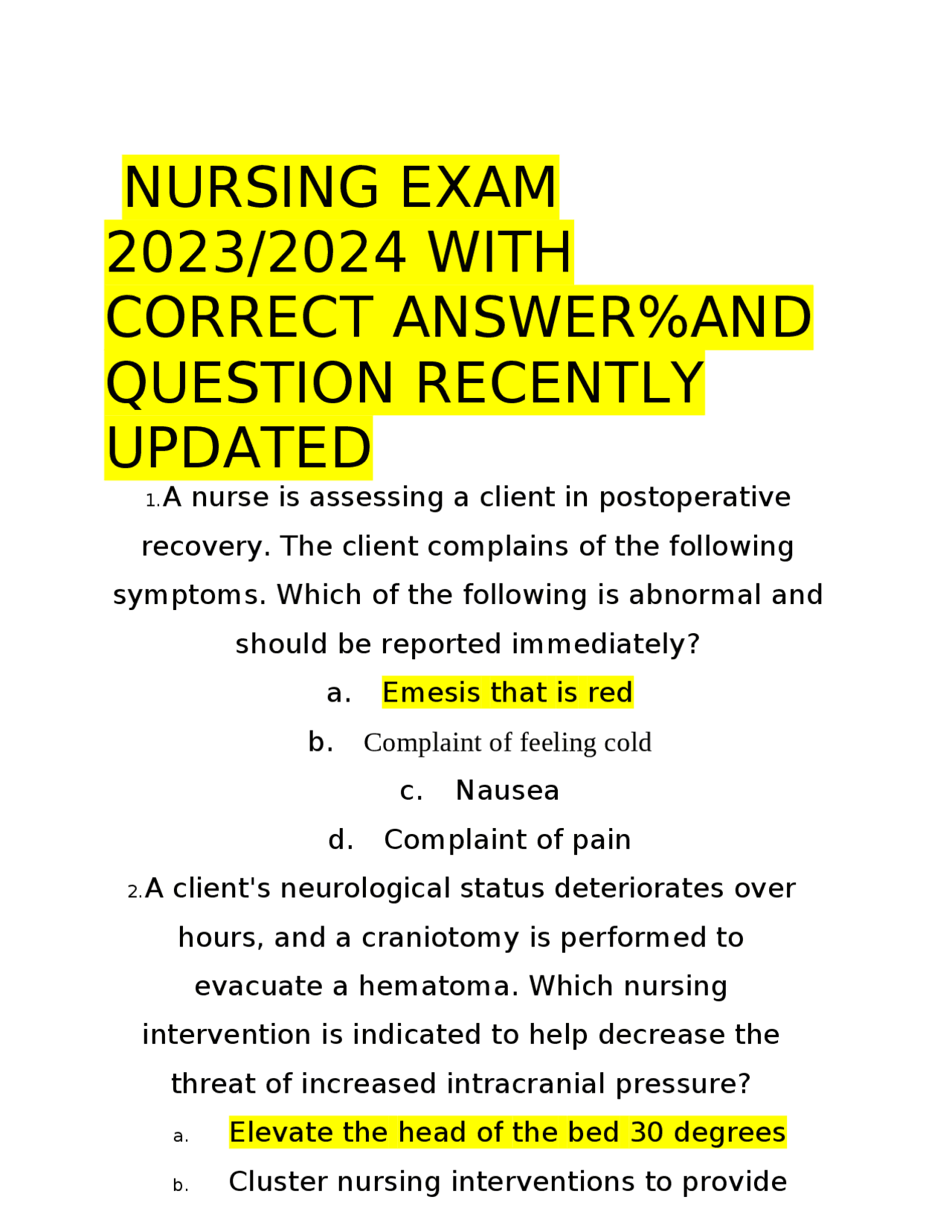 Nursing Exam 2023/2024 with Correct Answers and Questions | Exams ...