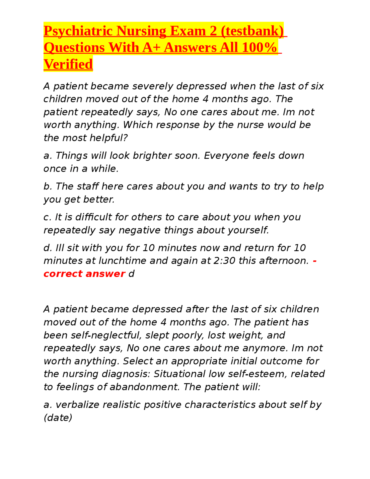 Psychiatric Nursing Exam 2 (testbank) Questions With A+ Answers | Exams ...