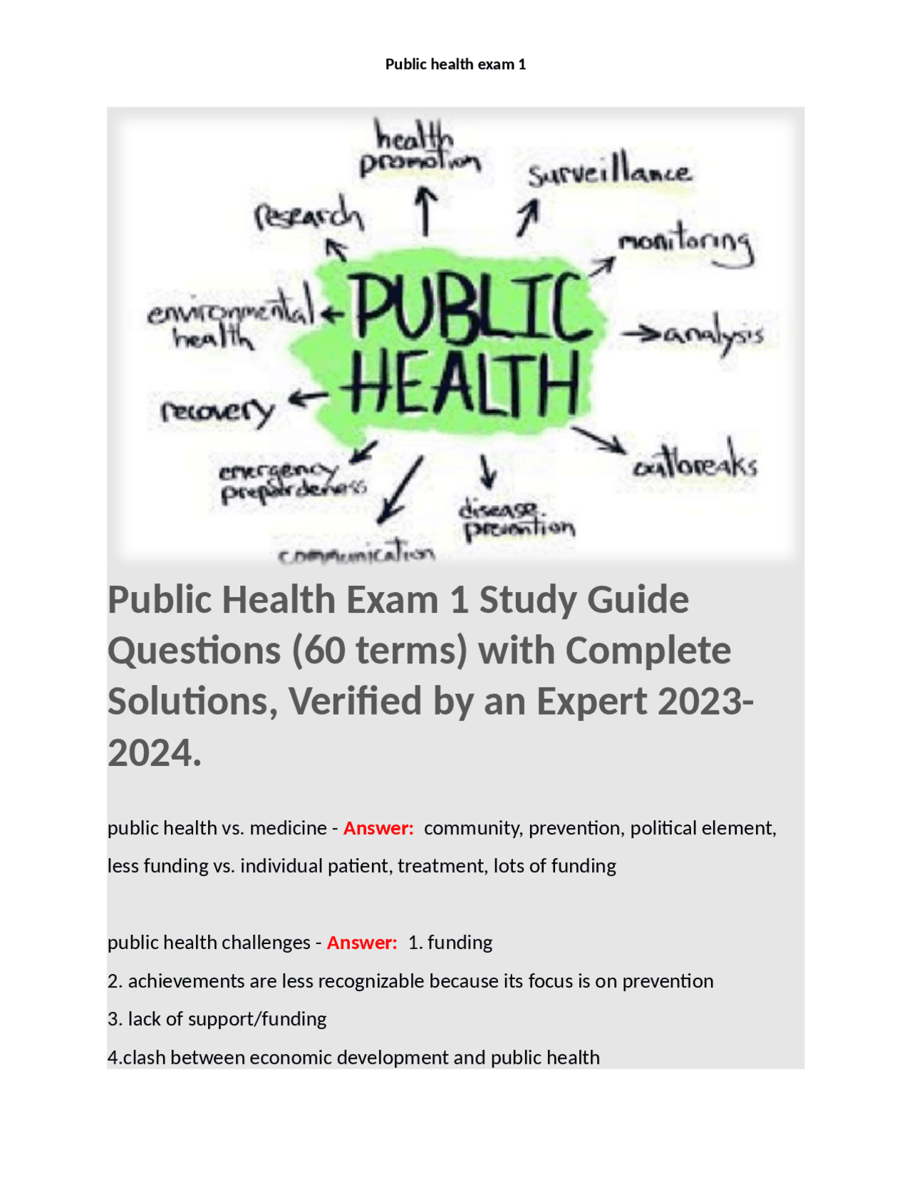 Public Health Exam 1 Study Guide | Exams Nursing | Docsity