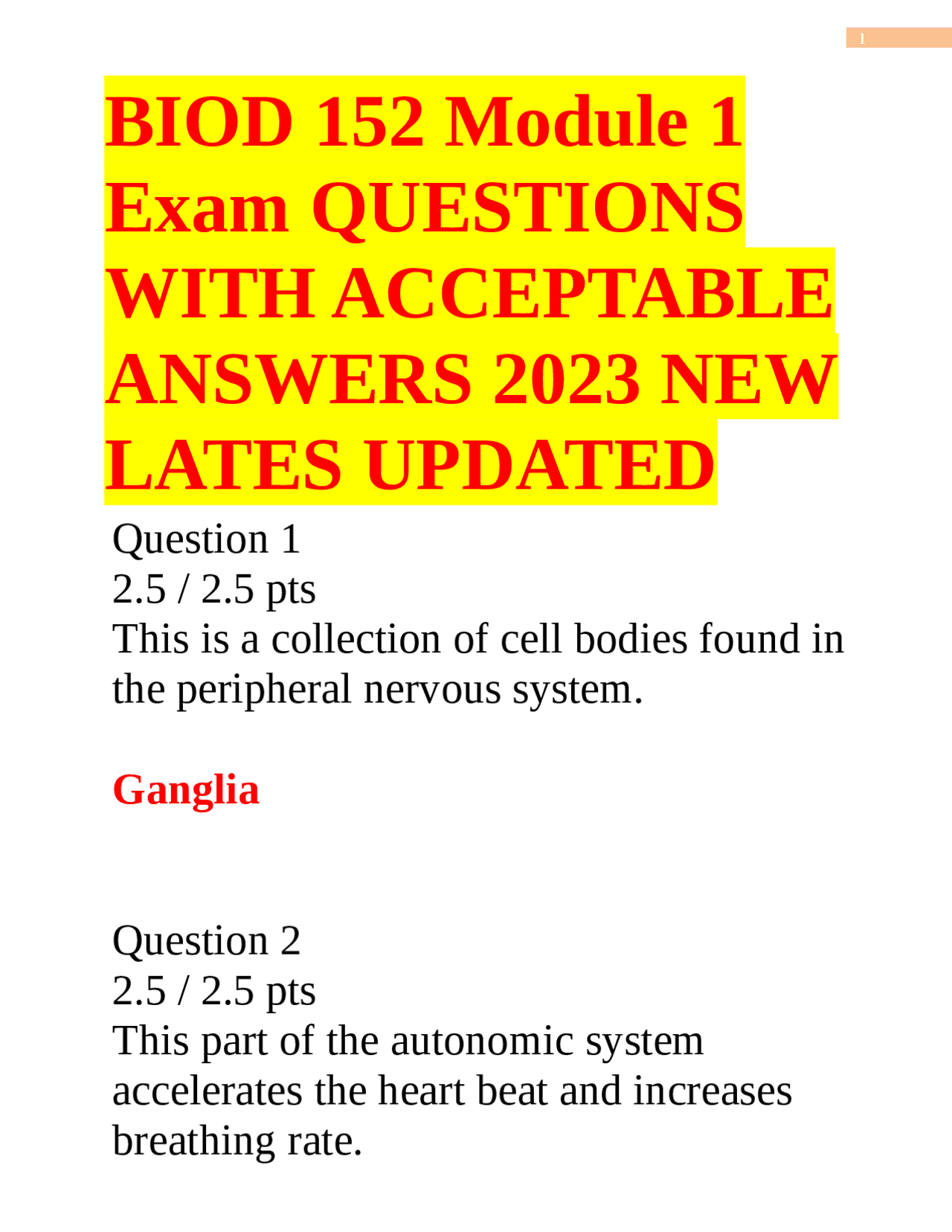 BIOD 152 Module 1 Exam QUESTIONS WITH ACCEPTABLE ANSWERS 2023 NEW ...