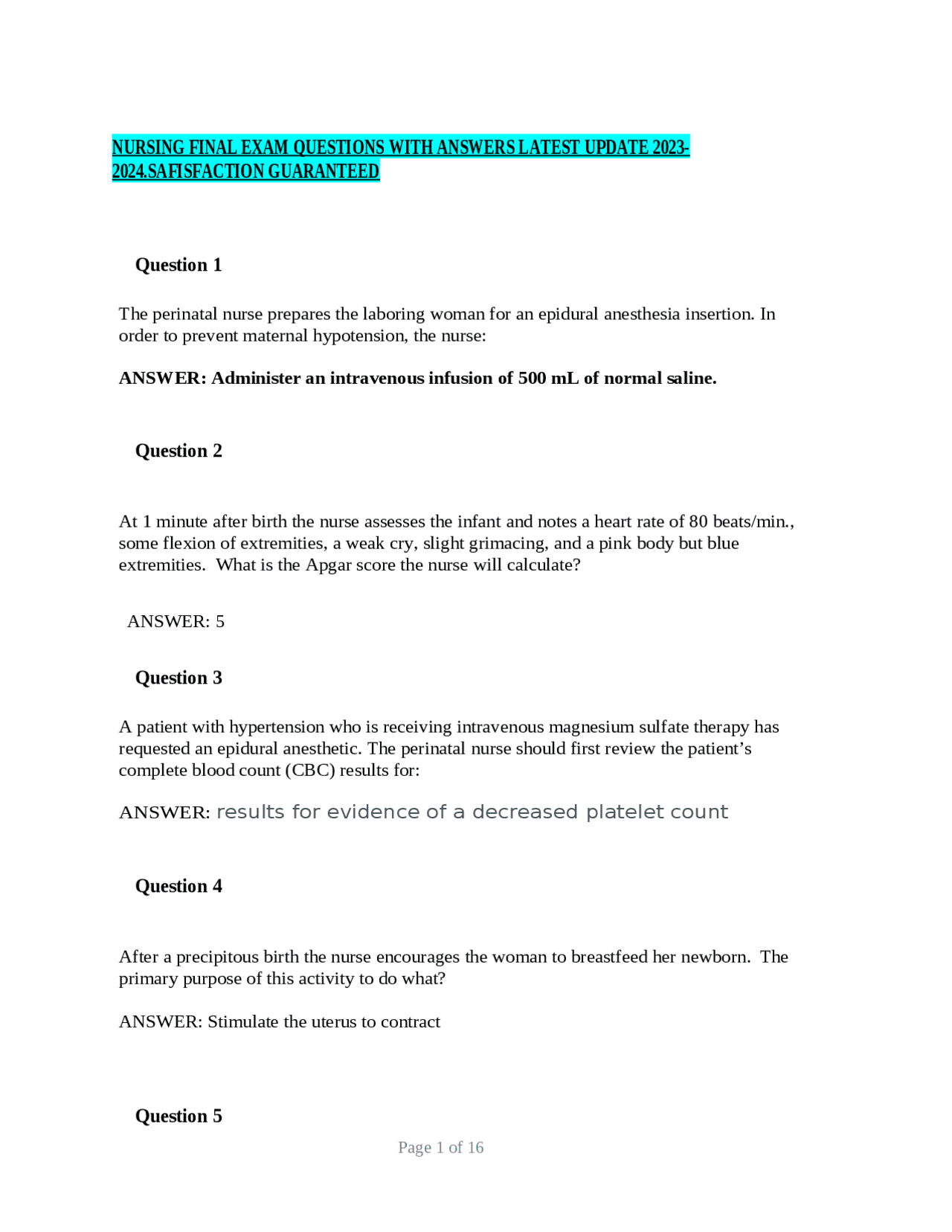 NURSING FINAL EXAM QUESTIONS WITH ANSWERS LATEST UPDATE 2023-2024 ...