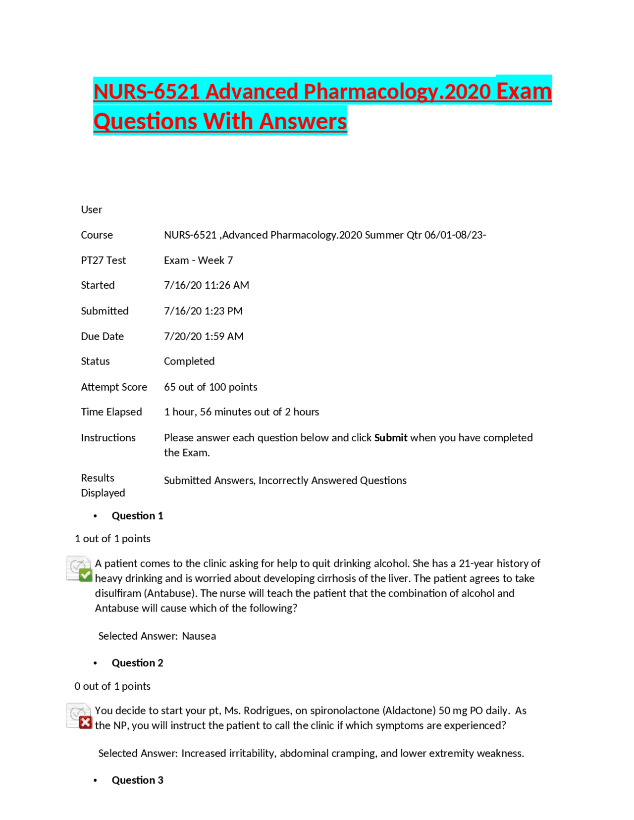 NURS-6521 Advanced Pharmacology Exam Questions and Answers | Exams ...