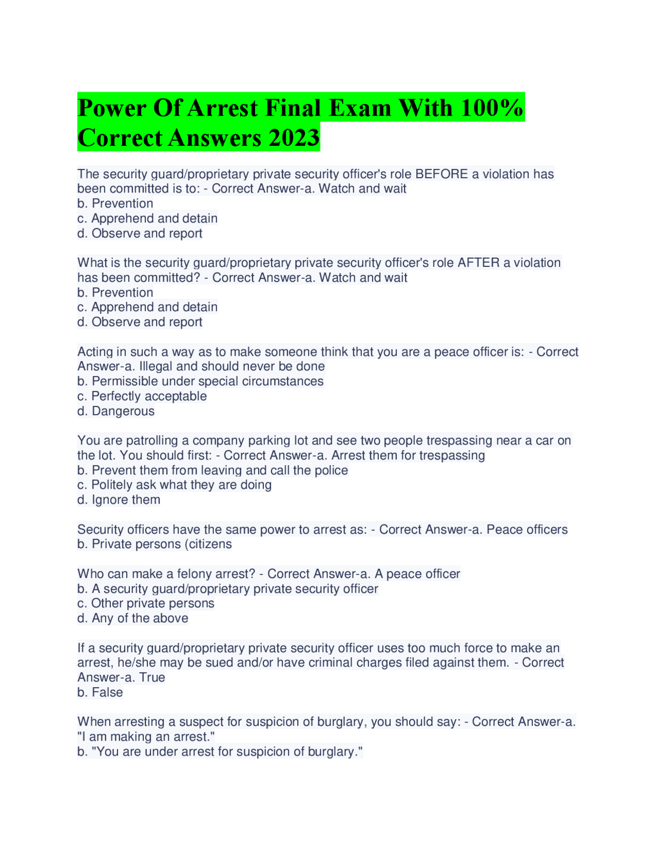 Power Of Arrest Final Exam With 100 Correct Answers 20232024 Exams