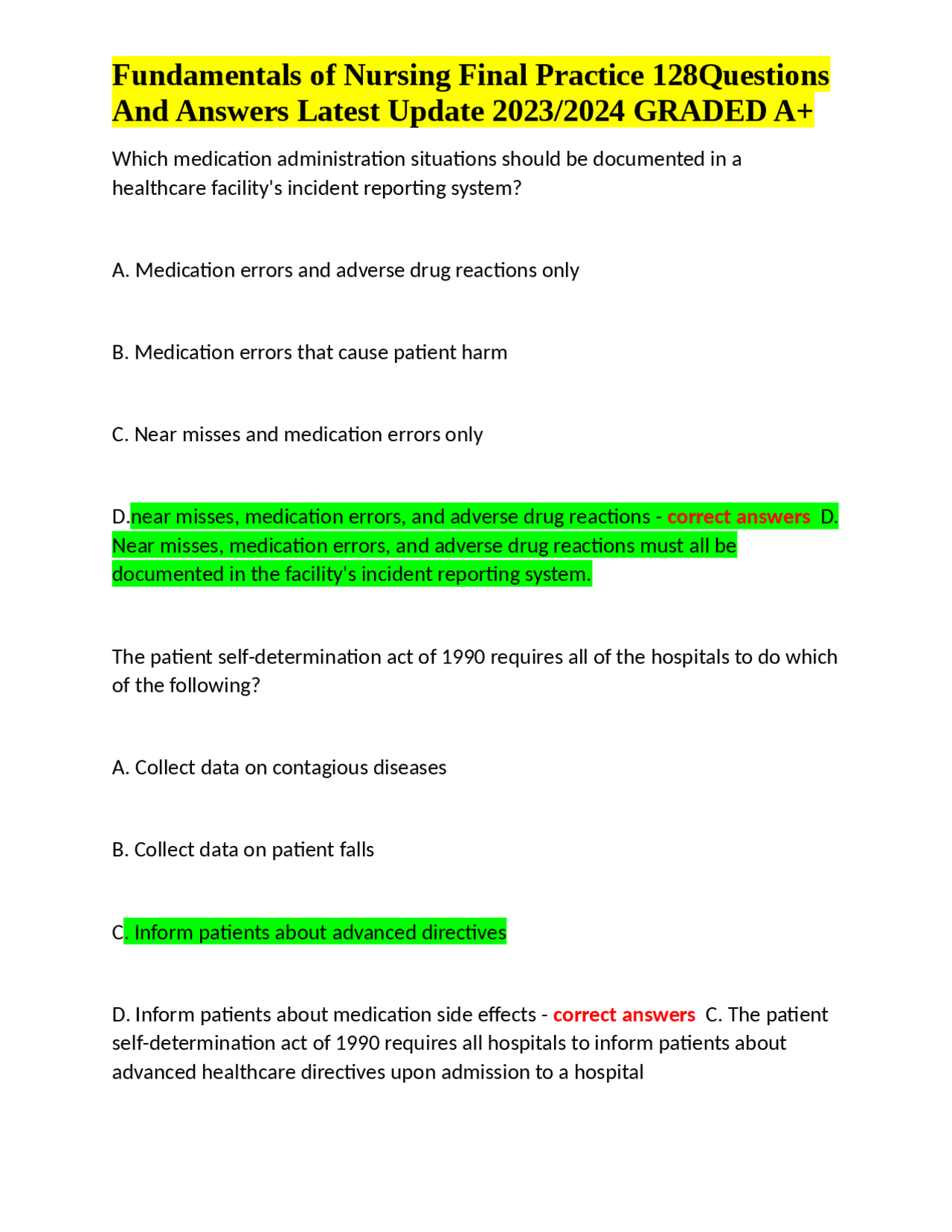 Fundamentals Of Nursing Final Practice 128questions And Answers Latest Update 2023 2024 Gr Fundamentals Of Nursing Final Practice 128questions And Answers Latest Update 2023 2024 Gr