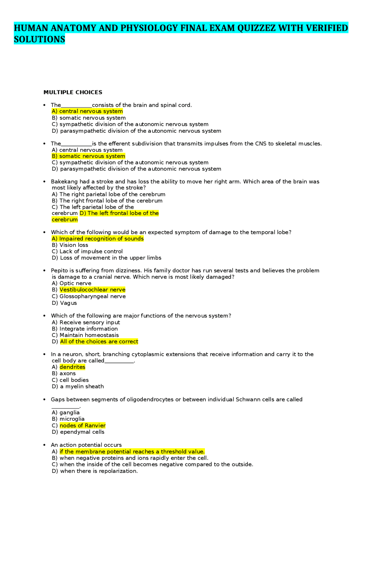 Human Anatomy and Physiology Final Exam Quizzez with Verified Solutions ...