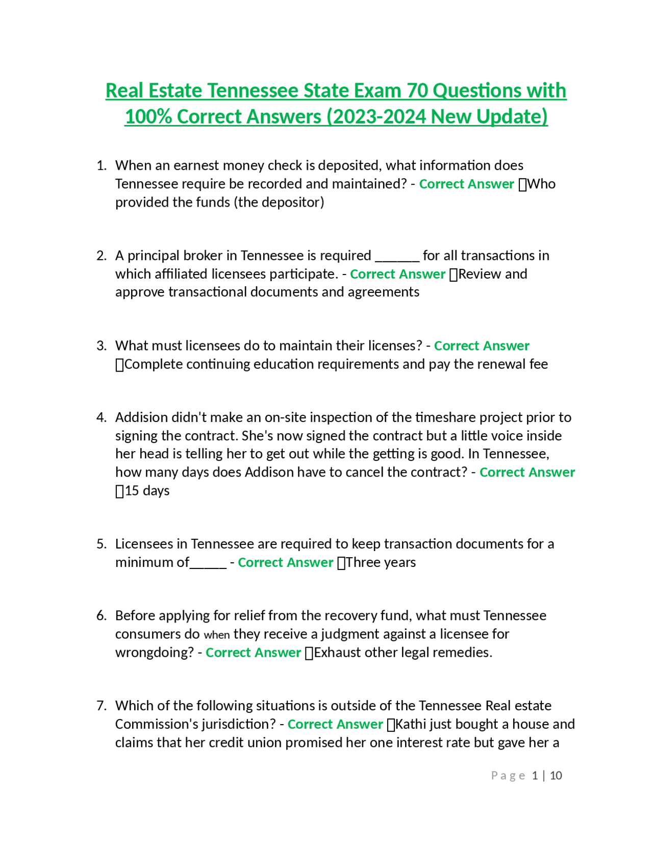 Real Estate Tennessee State Exam 70 Questions with 100 Correct Answers