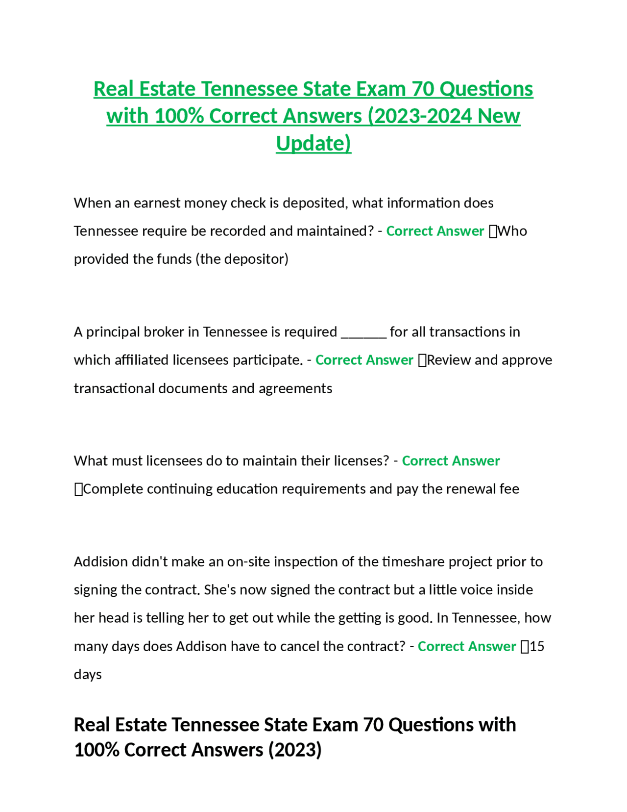 Real Estate Tennessee State Exam 70 Questions with 100 Correct Answers