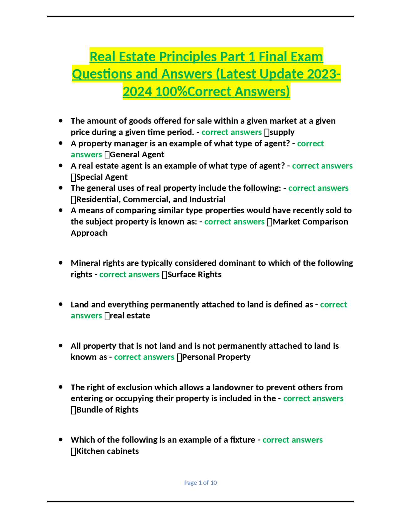 Real Estate Principles Part 1 Final Exam Questions and Answers (Latest