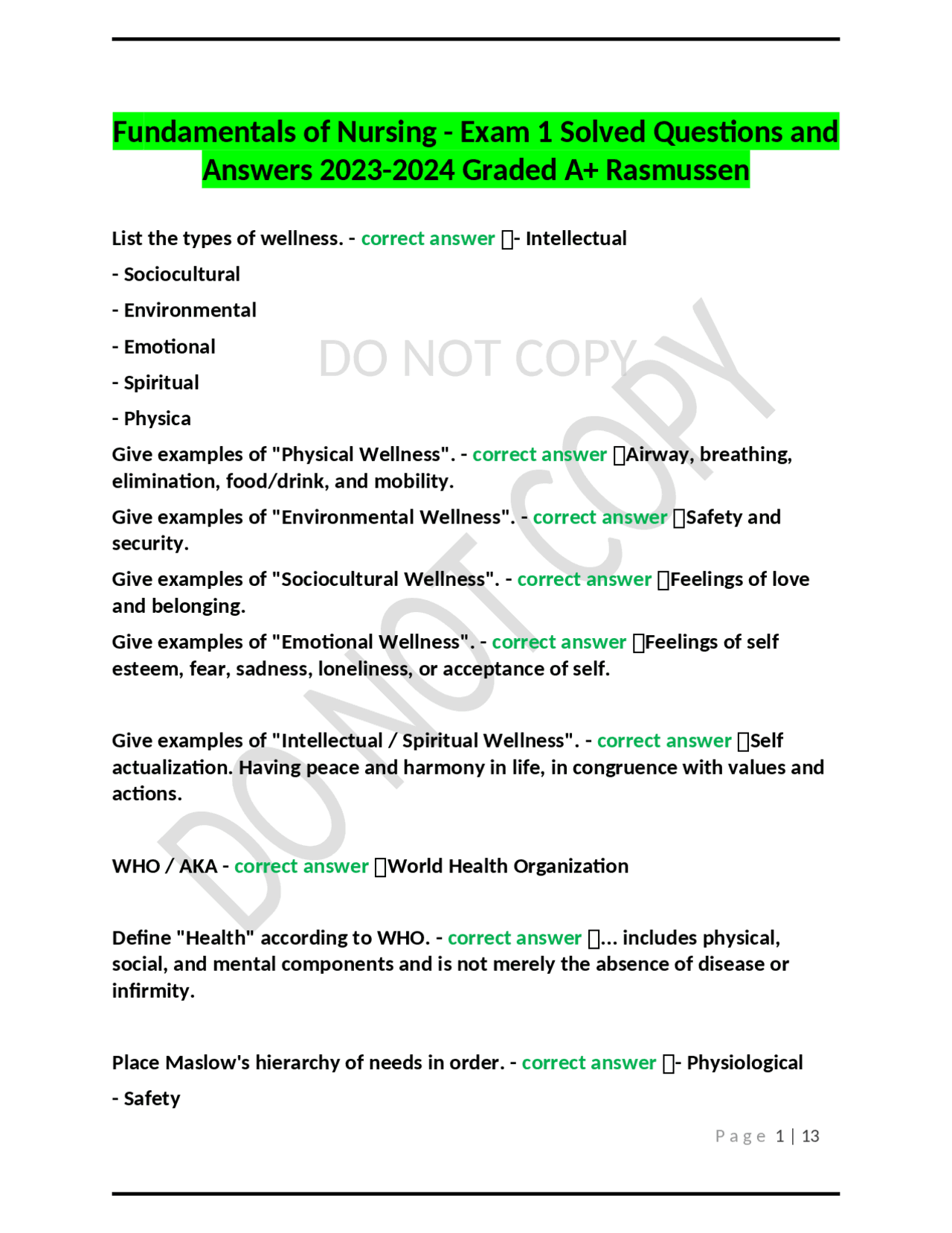 Fundamentals of Nursing - Exam 1 Solved Questions and Answers 2023-2024 ...
