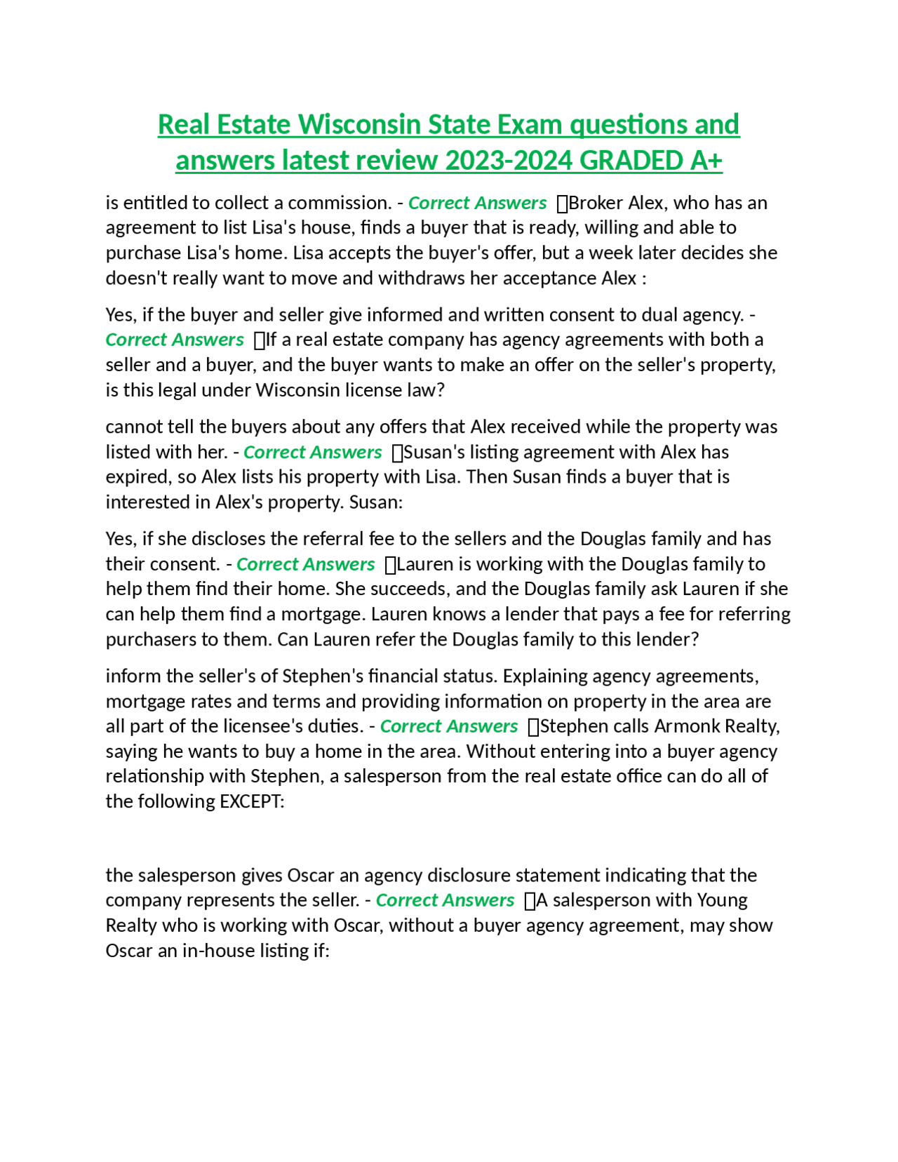 Real Estate Wisconsin State Exam questions and answers latest review