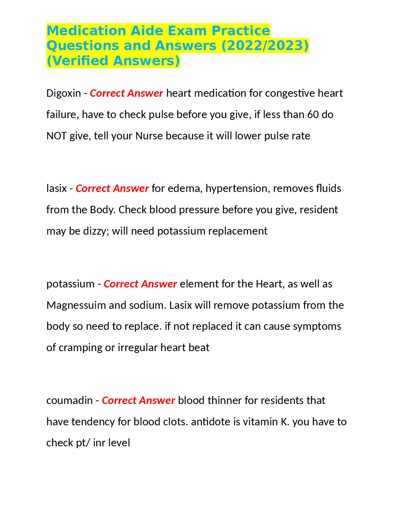 Medication Aide Exam Practice Questions and Answers (2022/2023) (Verified Answers) Exams