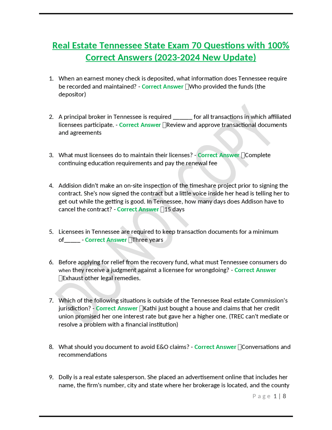 Real Estate Tennessee State Exam 70 Questions with 100 Correct Answers