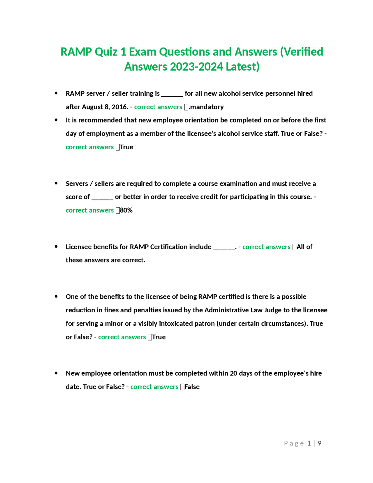 RAMP Quiz 1 Exam Questions and Answers (Verified Answers 20232024