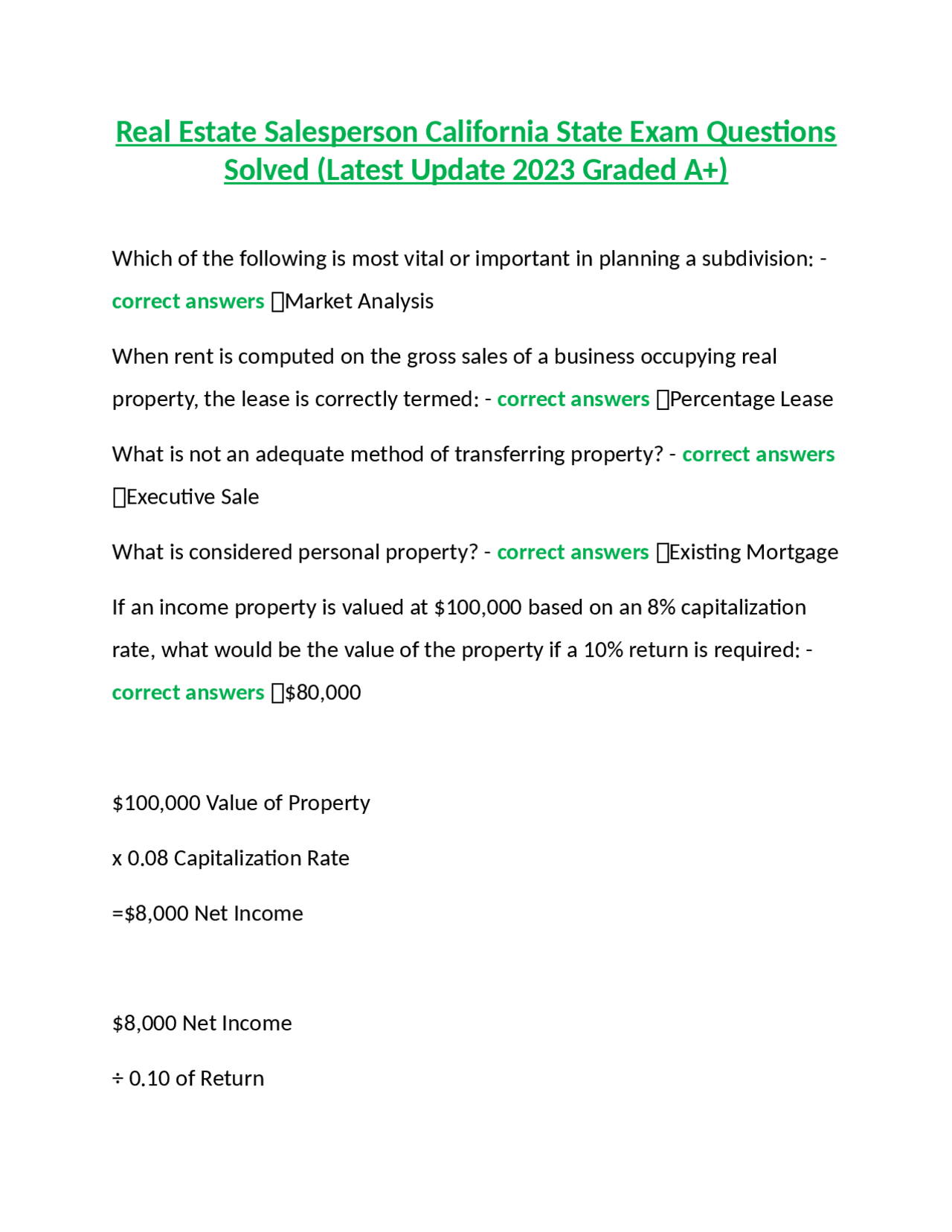 Real Estate Salesperson California State Exam Questions Solved (Latest