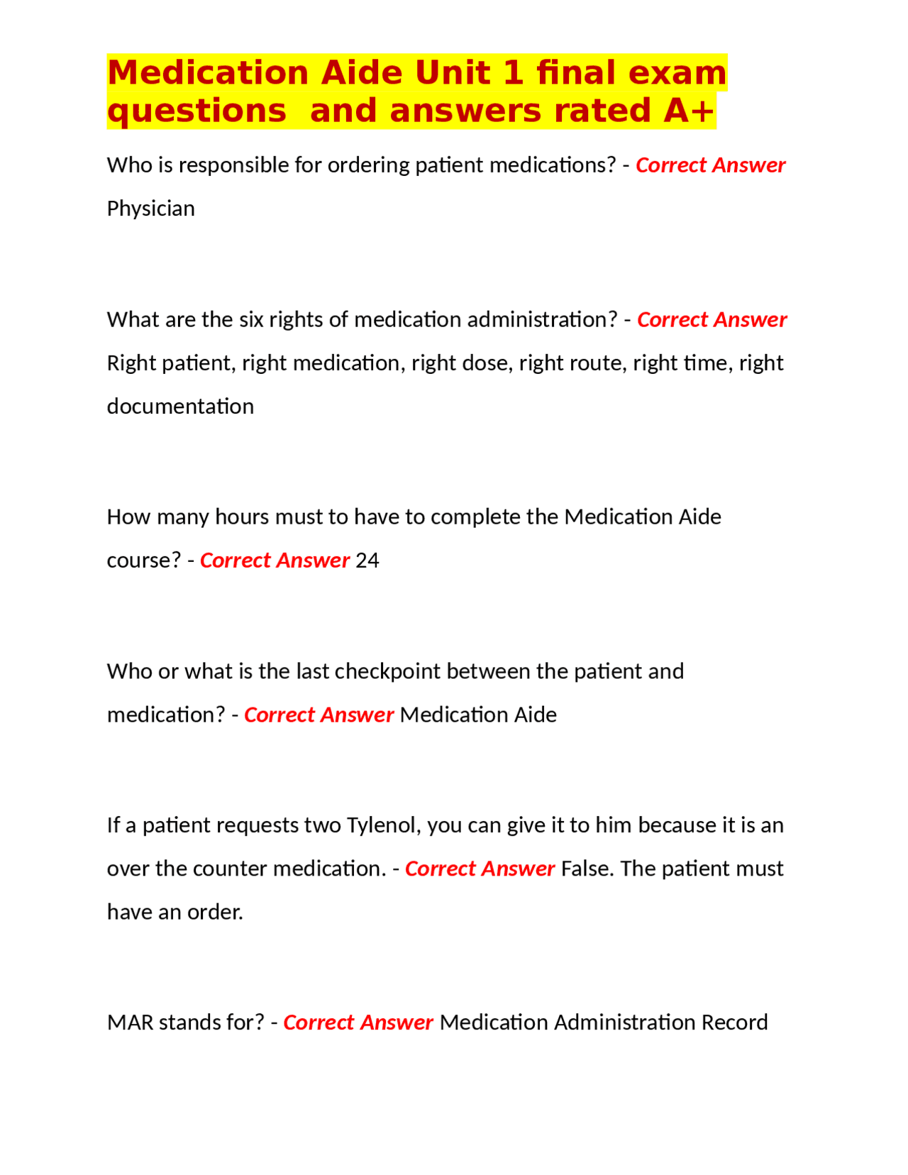 Medication Aide Unit 1 final exam questions and answers rated A+