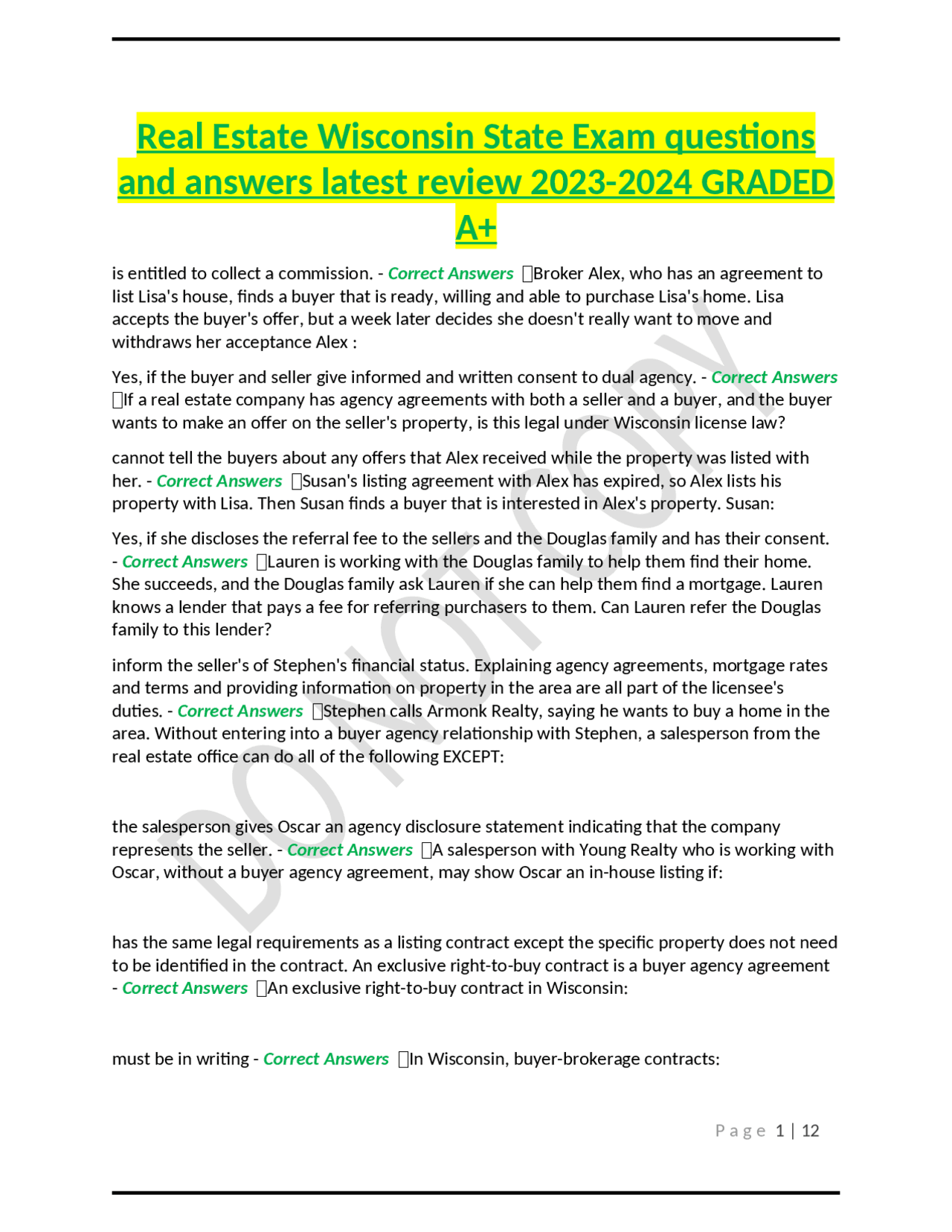 Real Estate Wisconsin State Exam questions and answers latest review