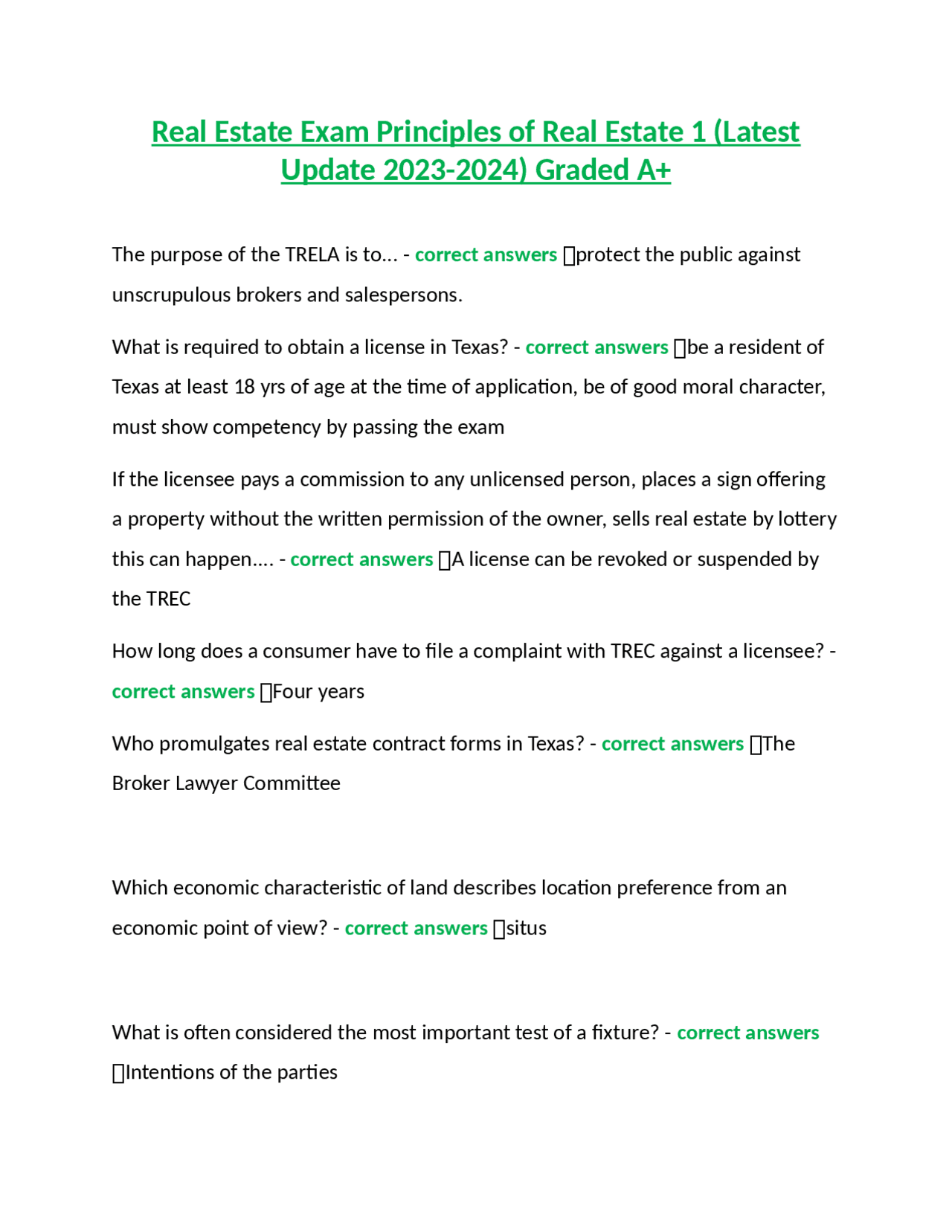 Real Estate Exam Principles of Real Estate 1 (Latest Update 20232024