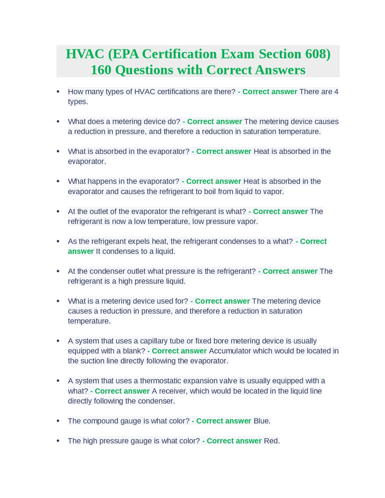 HVAC (EPA Certification Exam Section 608) 160 Questions with Correct
