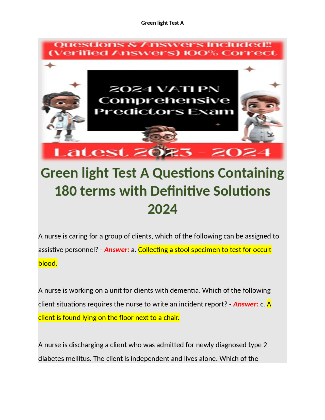 Green light Test A Questions Exams Nursing Docsity