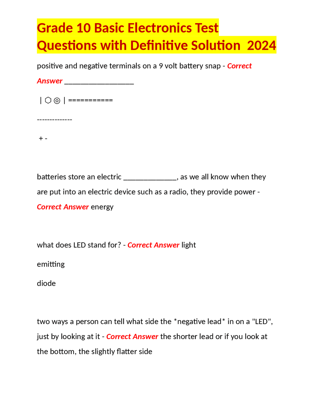 Grade 10 Basic Electronics Test Questions with Definitive Solution 2024