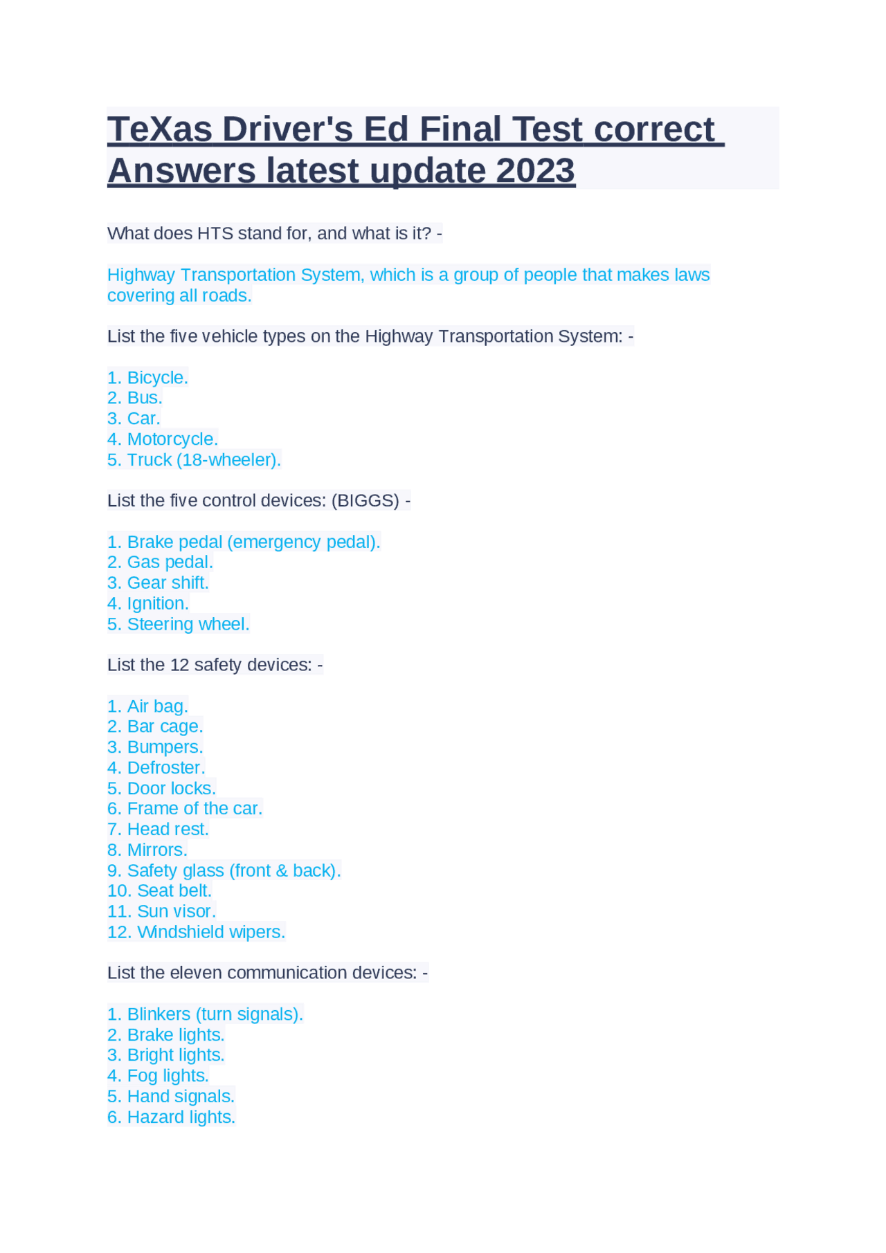 TeXas Driver's Ed Final Test correct Answers latest update 2023 Exams