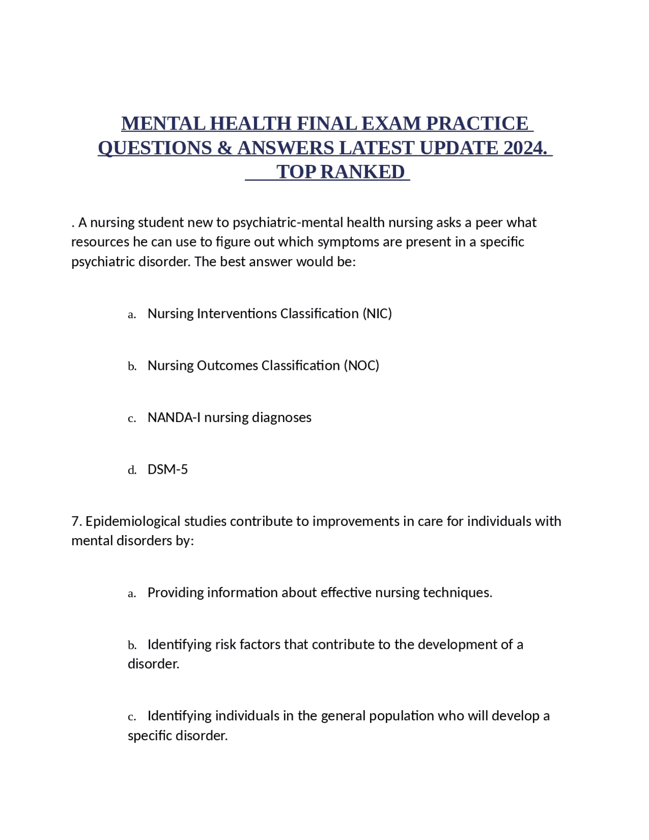 MENTAL HEALTH FINAL EXAM PRACTICE QUESTIONS & ANSWERS LATEST UPDATE