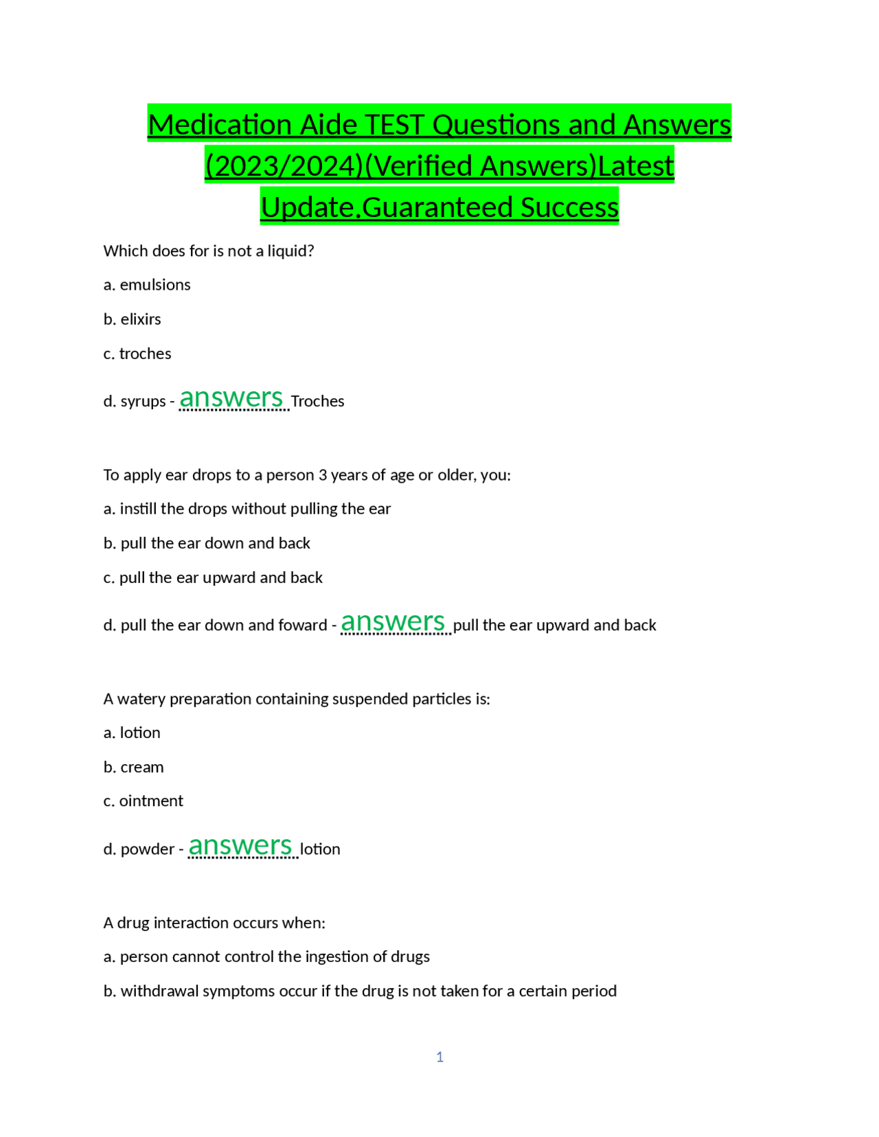 Medication Aide TEST Questions and Answers (2023/2024)(Verified Answers)Latest Update.Guar