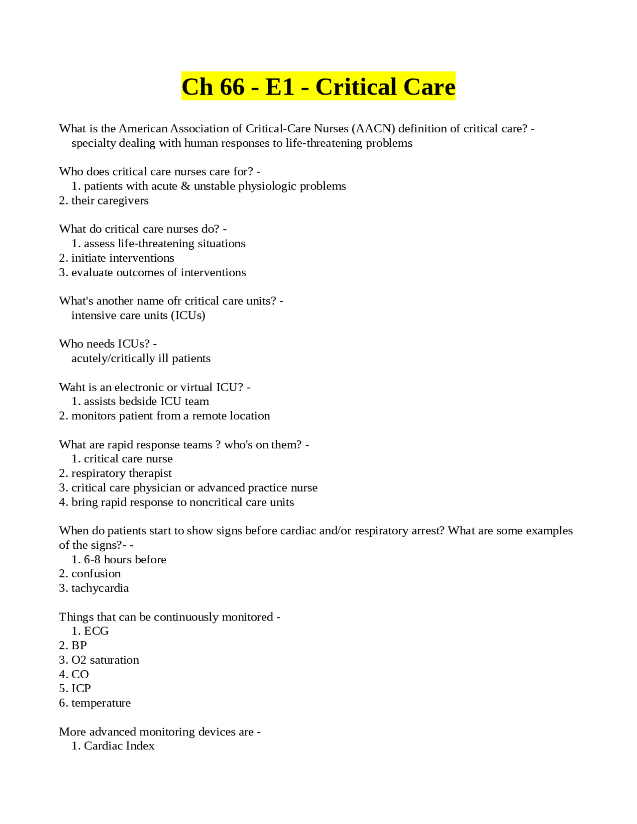 Critical Care Nursing | Exams Nursing | Docsity