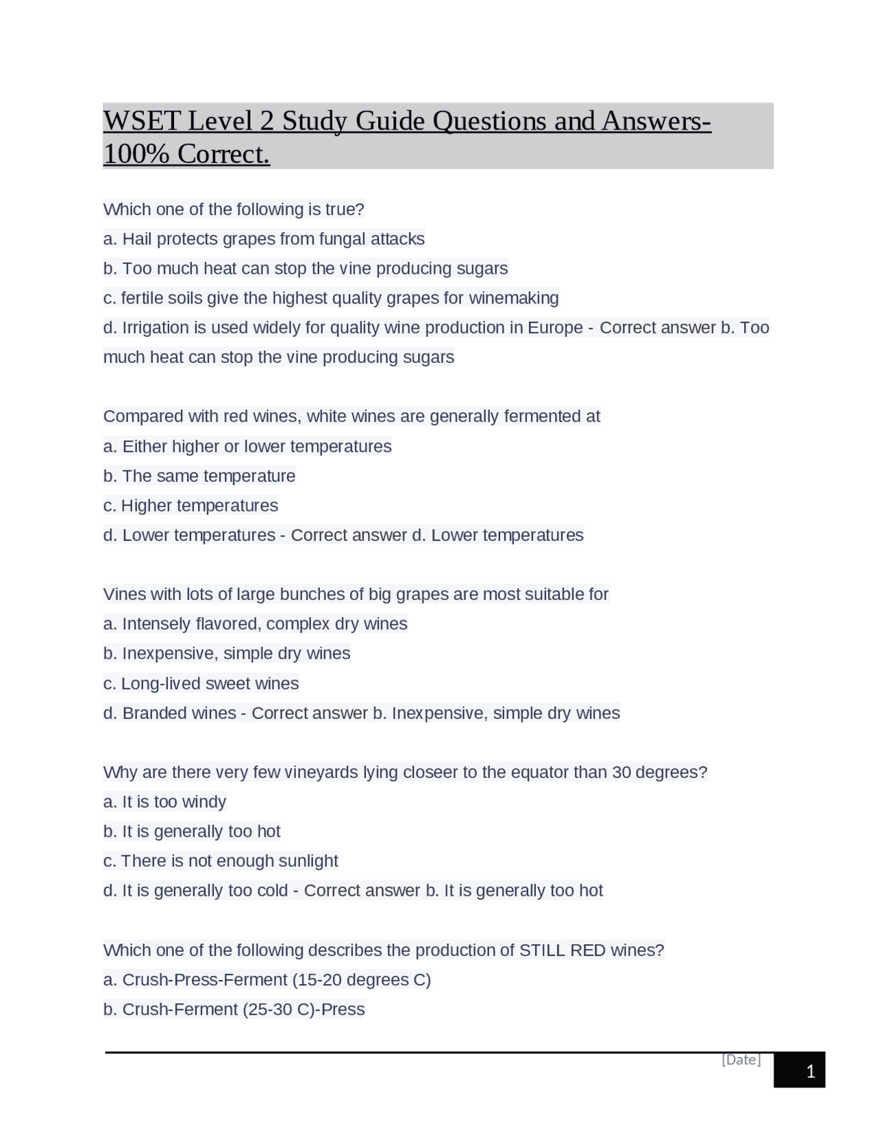 WSET Level 2 Study Guide Questions and Answers-100% Correct. | Exams ...