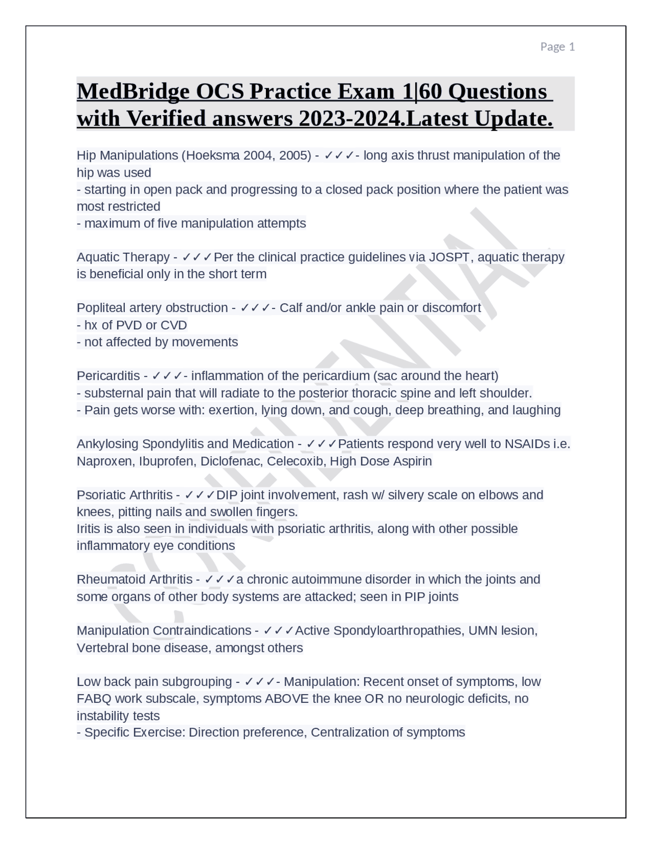 MedBridge OCS Practice Exam 160 Questions with Verified answers 20232024.Latest Update