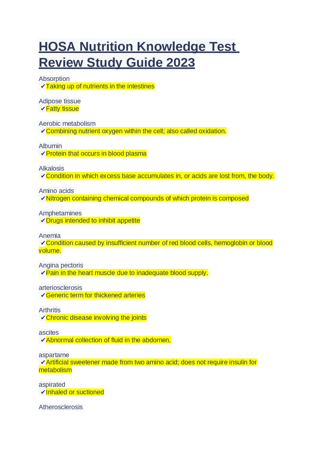 HOSA Nutrition Knowledge Test Review Study Guide 2023 Exams Nutrition