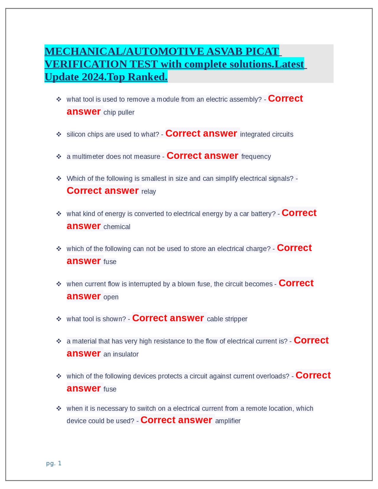 Mechanical/Automotive ASVAB PICAT Verification Test with Solutions
