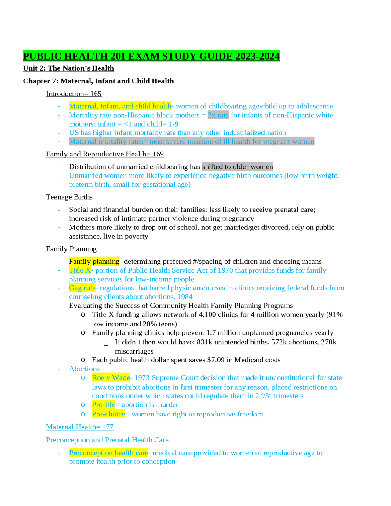 Public Health 201 Exam Study Guide 2023-2024 | Exams Nursing | Docsity