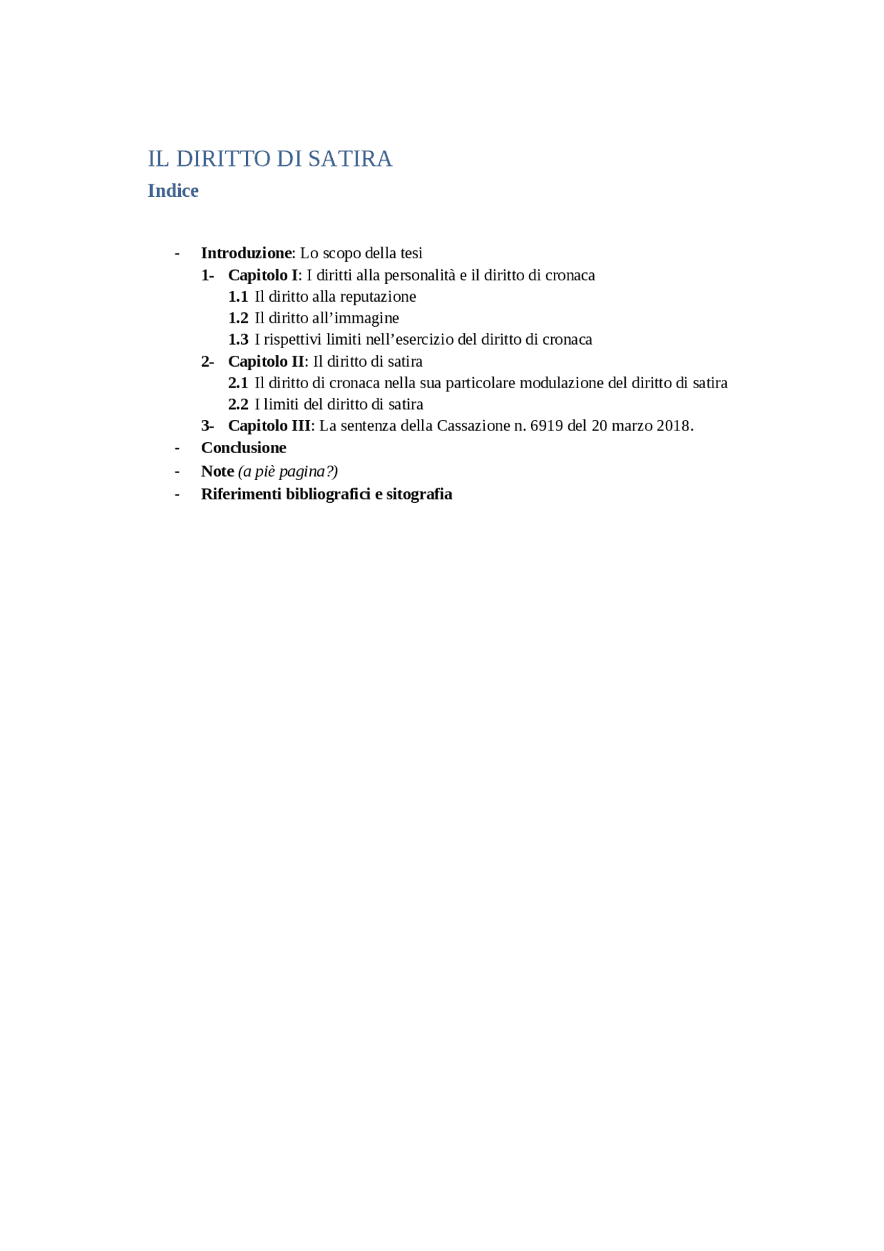 indice per tesi di laurea