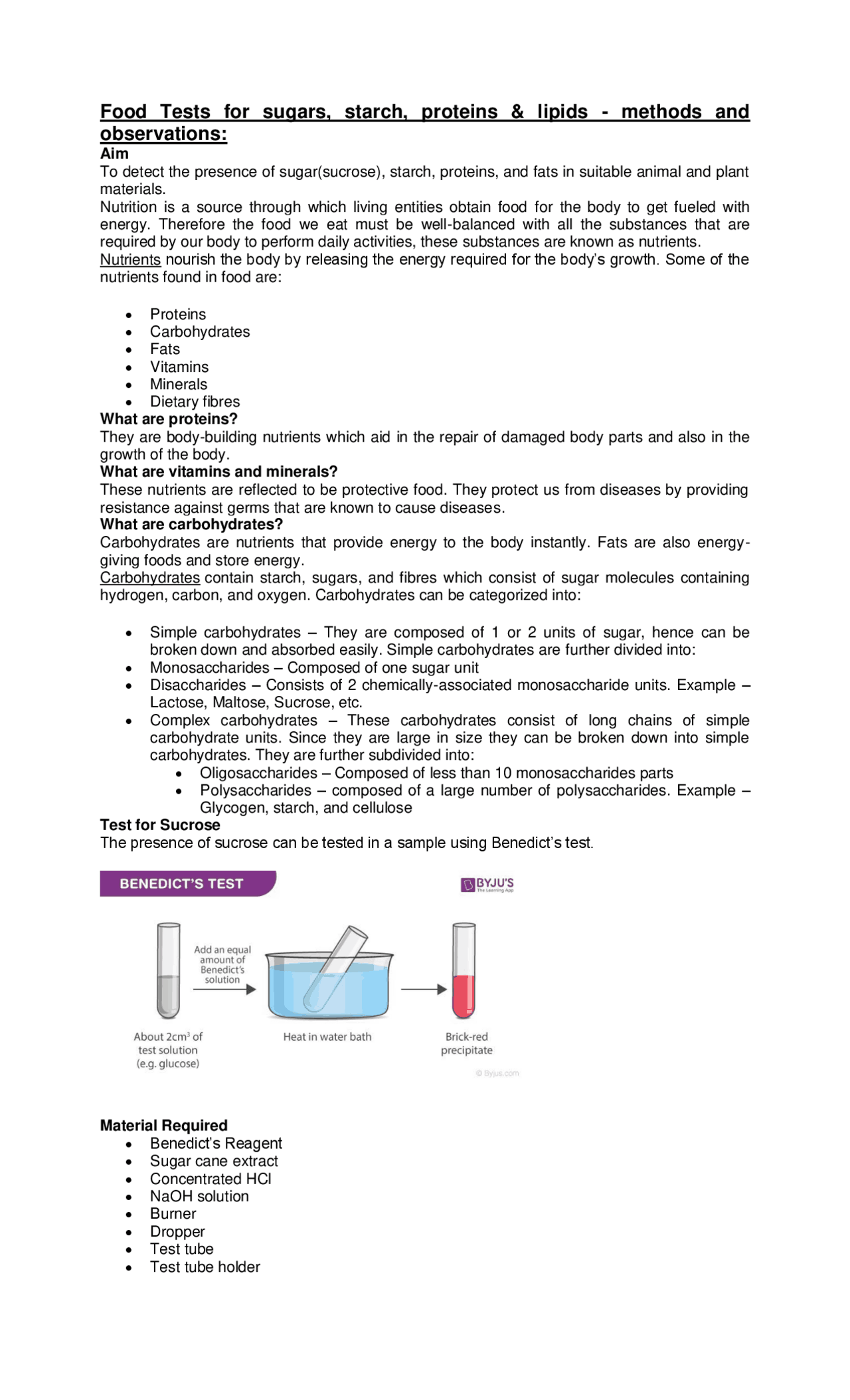 Food Tests for sugars, starch, proteins & lipids methods and