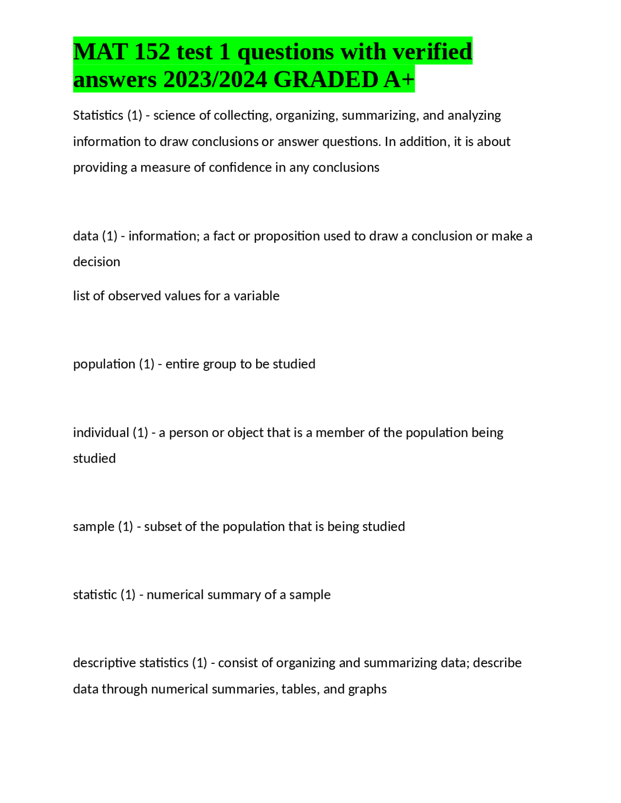 MAT 152 test 1 questions with verified answers 2023/2024 GRADED A+