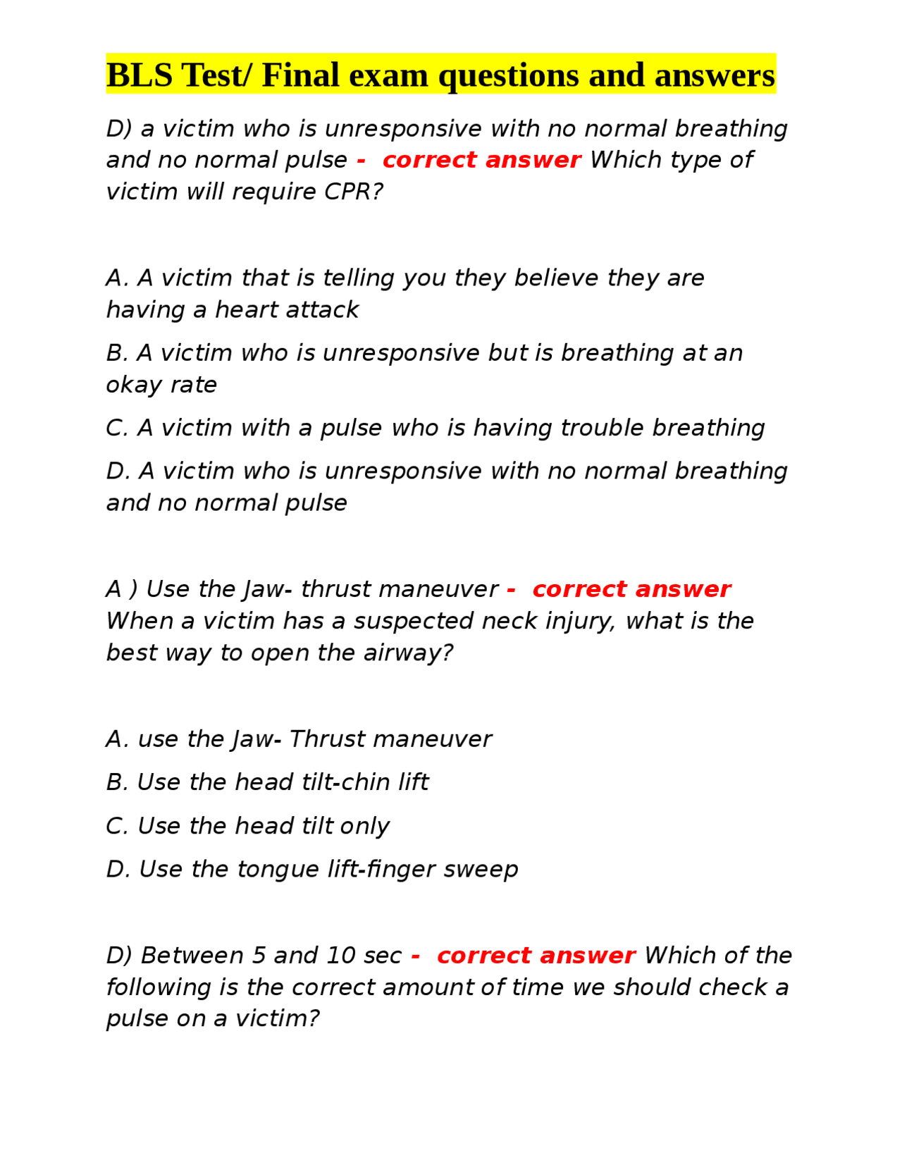 BLS Test/ Final exam questions and answers Exams Nursing Docsity