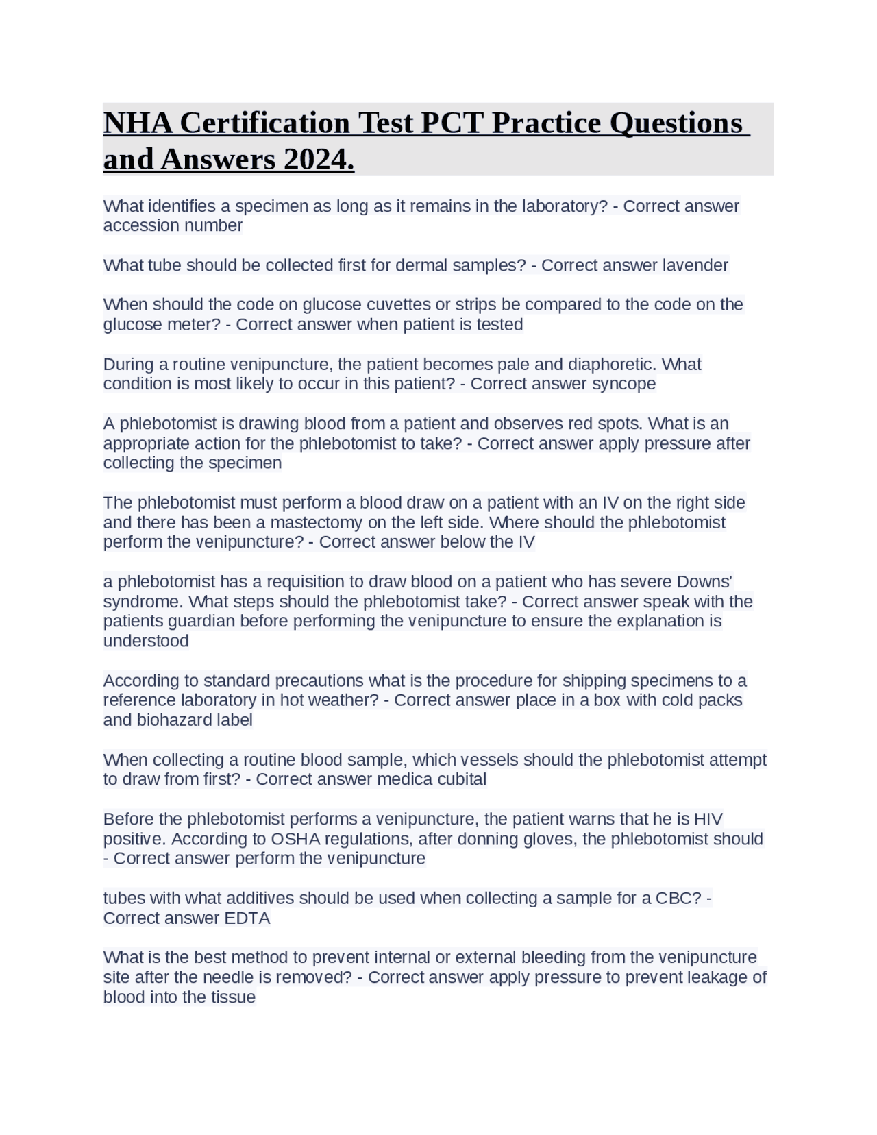 NHA Certification Test PCT Practice Questions and Answers 2024. Exams