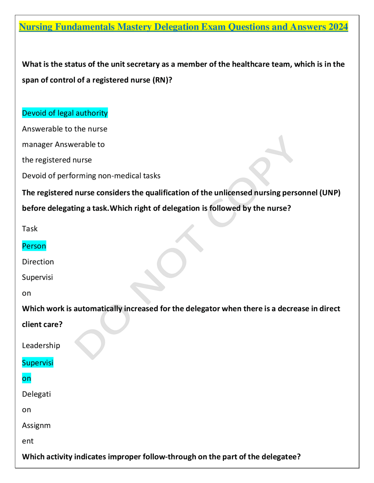 Nursing Fundamentals Mastery Delegation Exam Questions and Answers 2024 ...