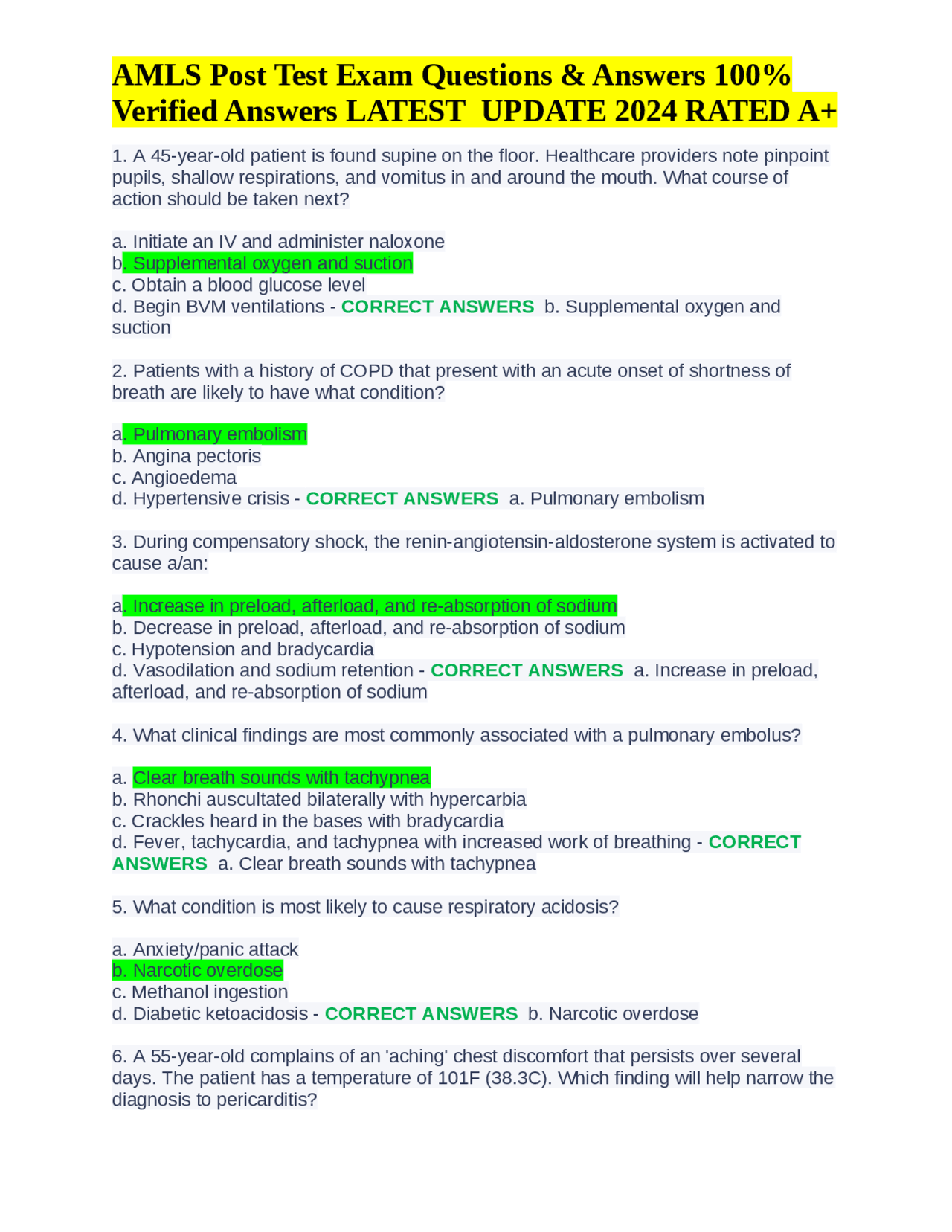 AMLS Post Test Exam Questions & Answers 100% Verified Answers LATEST UPDATE 2024 RATED A+ ...